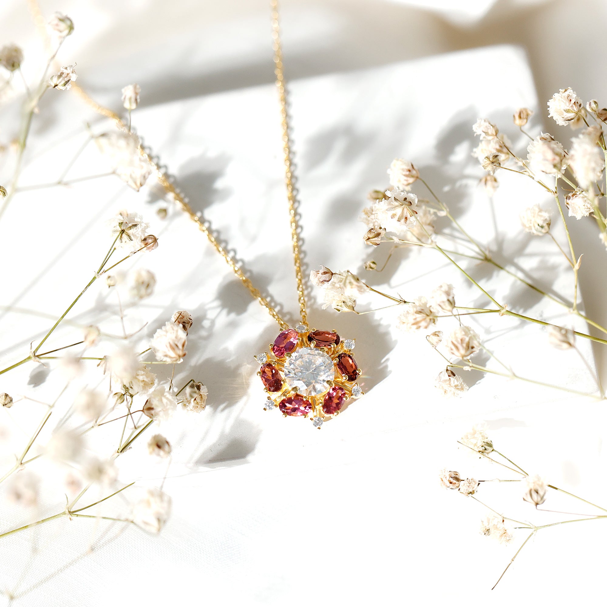 Certified 2 Carat Moissanite Flower Statement Necklace With Pink Tourmaline AAA 14K Yellow Gold Plated Silver - Rosec Jewels