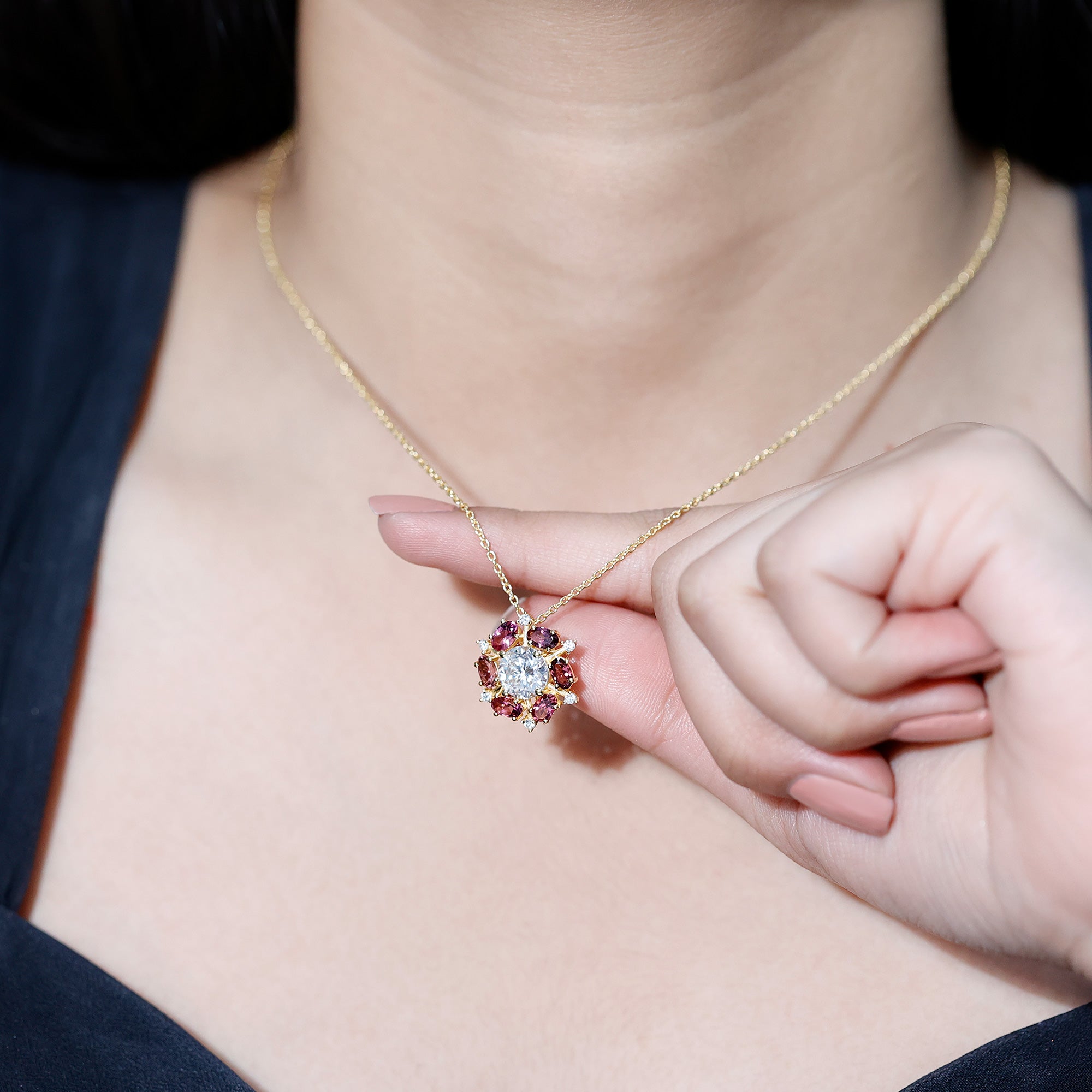 Certified 2 Carat Moissanite Flower Statement Necklace With Pink Tourmaline AAA 14K Yellow Gold Plated Silver - Rosec Jewels