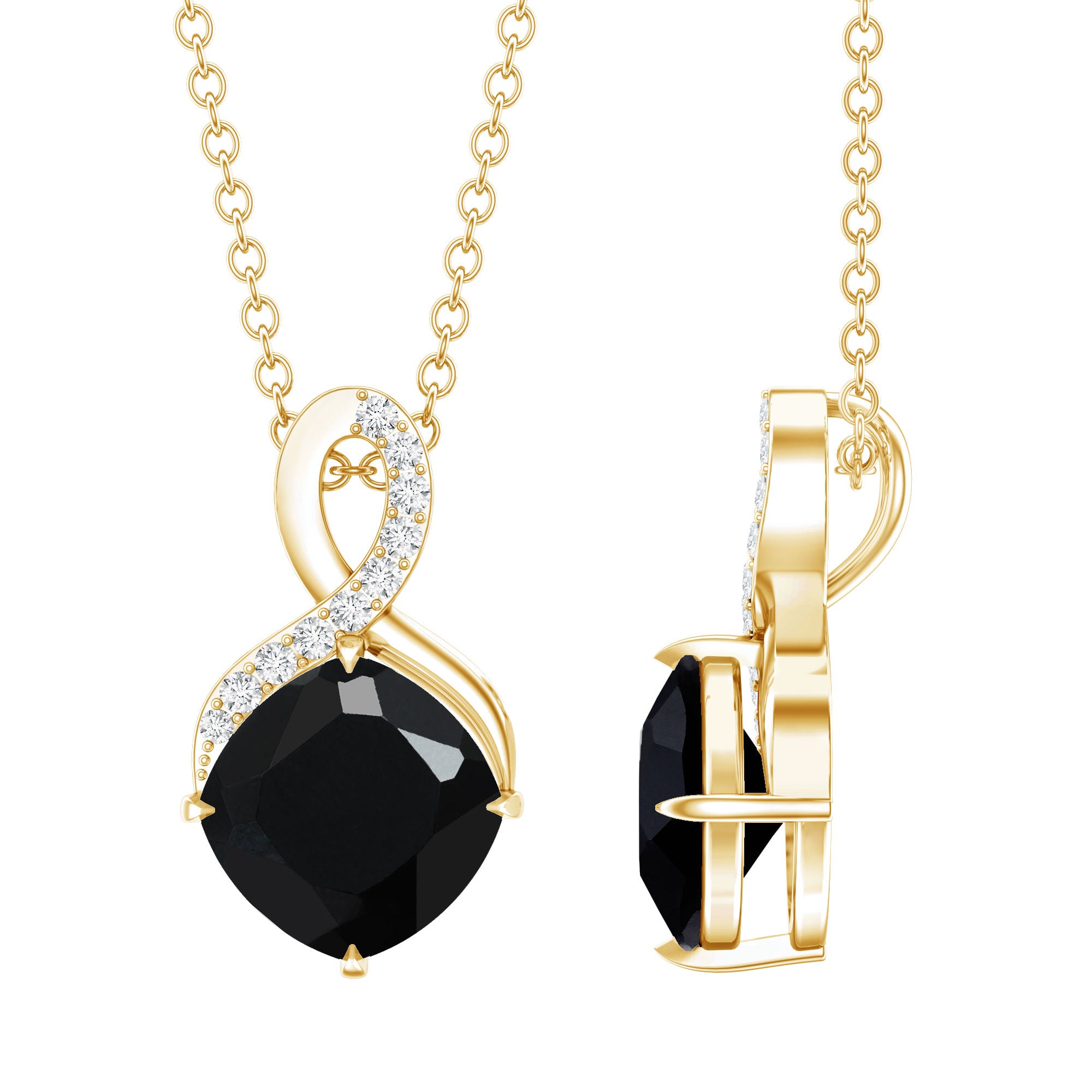 Cushion Cut 2 Carat Black Onyx Infinity Pendant Necklace with Lab Diamond AAA 14K Yellow Gold Plated Silver - Rosec Jewels