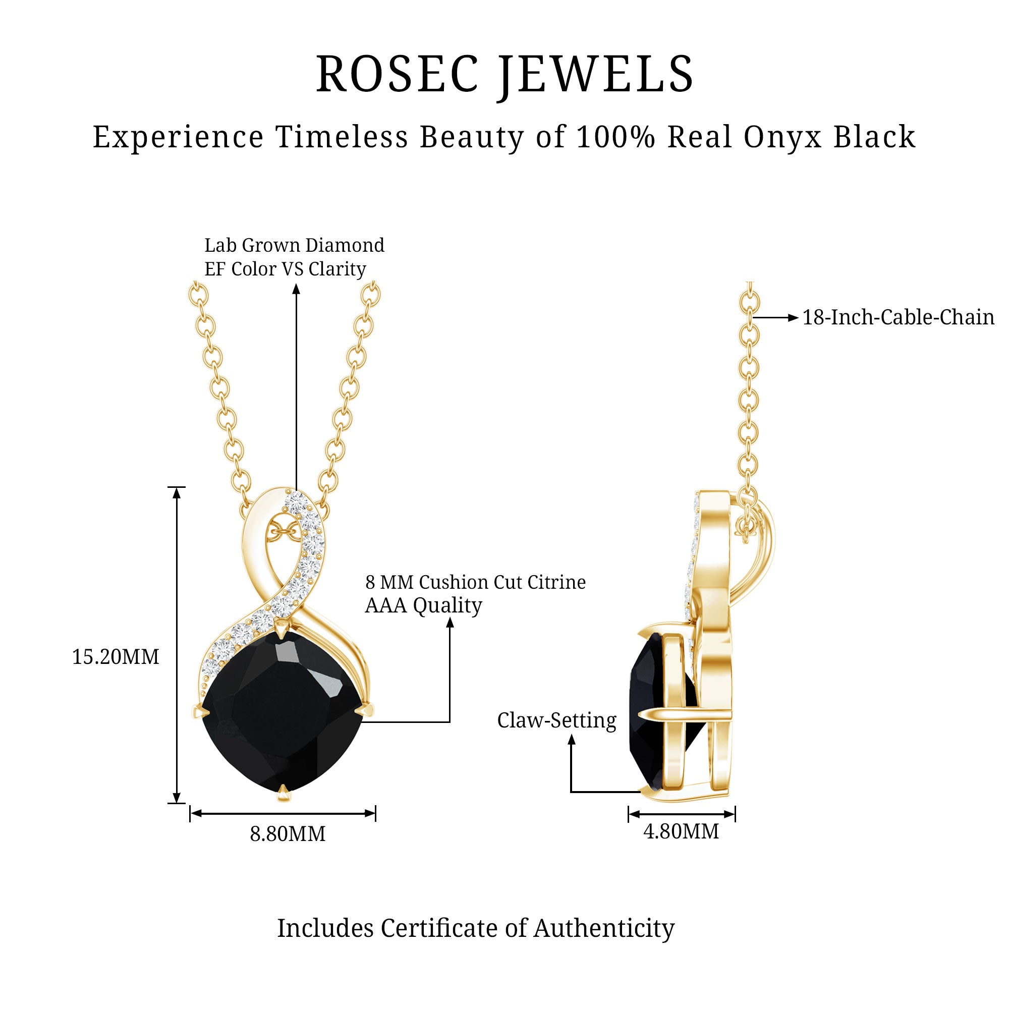 Cushion Cut 2 Carat Black Onyx Infinity Pendant Necklace with Lab Diamond AAA 14K Yellow Gold Plated Silver - Rosec Jewels