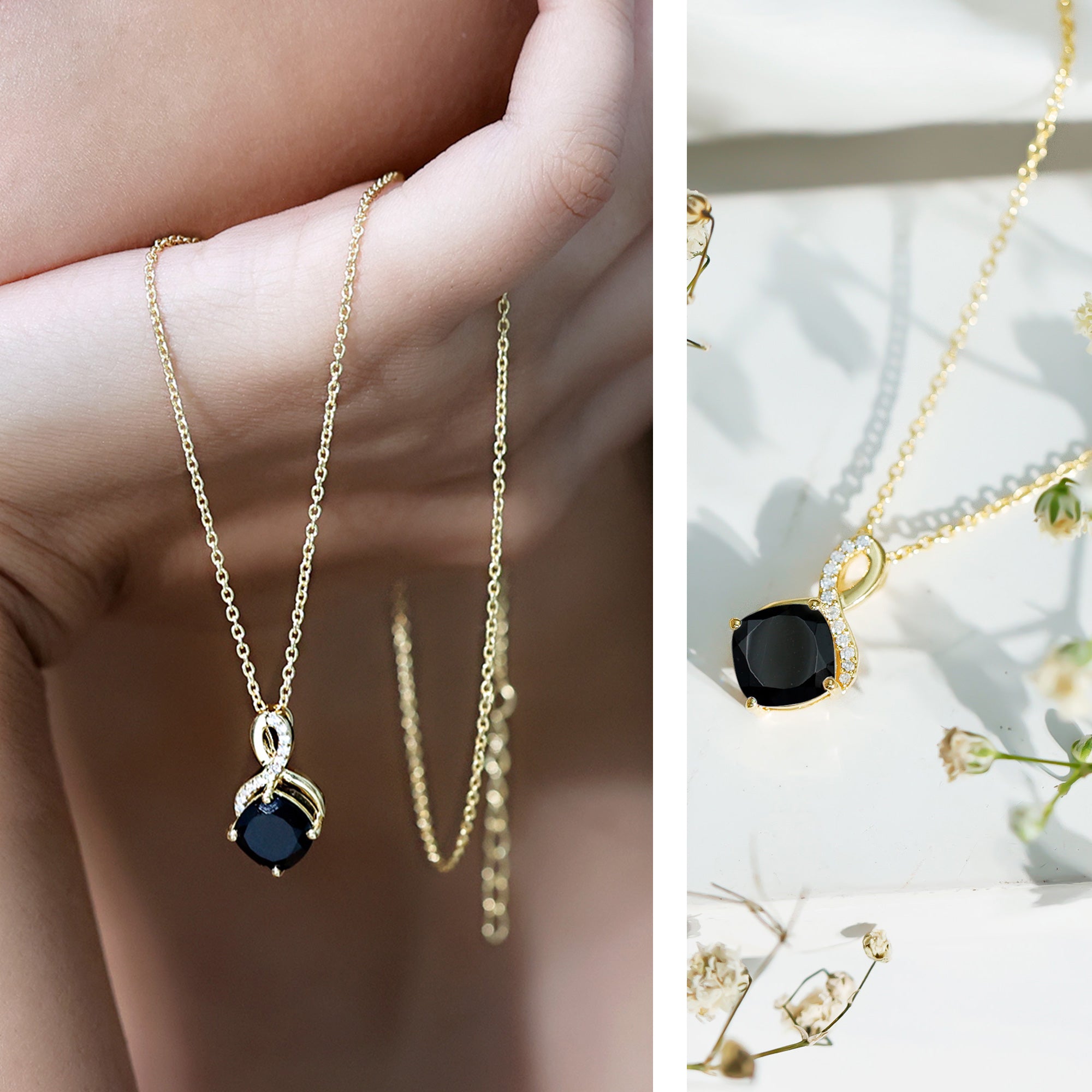 Cushion Cut 2 Carat Black Onyx Infinity Pendant Necklace with Lab Diamond AAA 14K Yellow Gold Plated Silver - Rosec Jewels