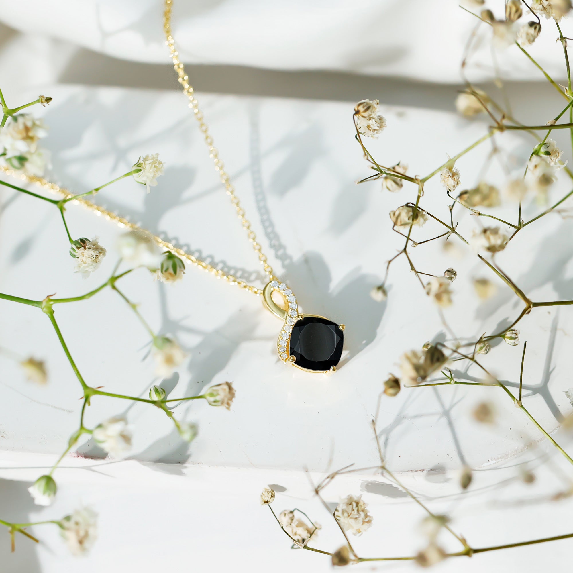 Cushion Cut 2 Carat Black Onyx Infinity Pendant Necklace with Lab Diamond AAA 14K Yellow Gold Plated Silver - Rosec Jewels