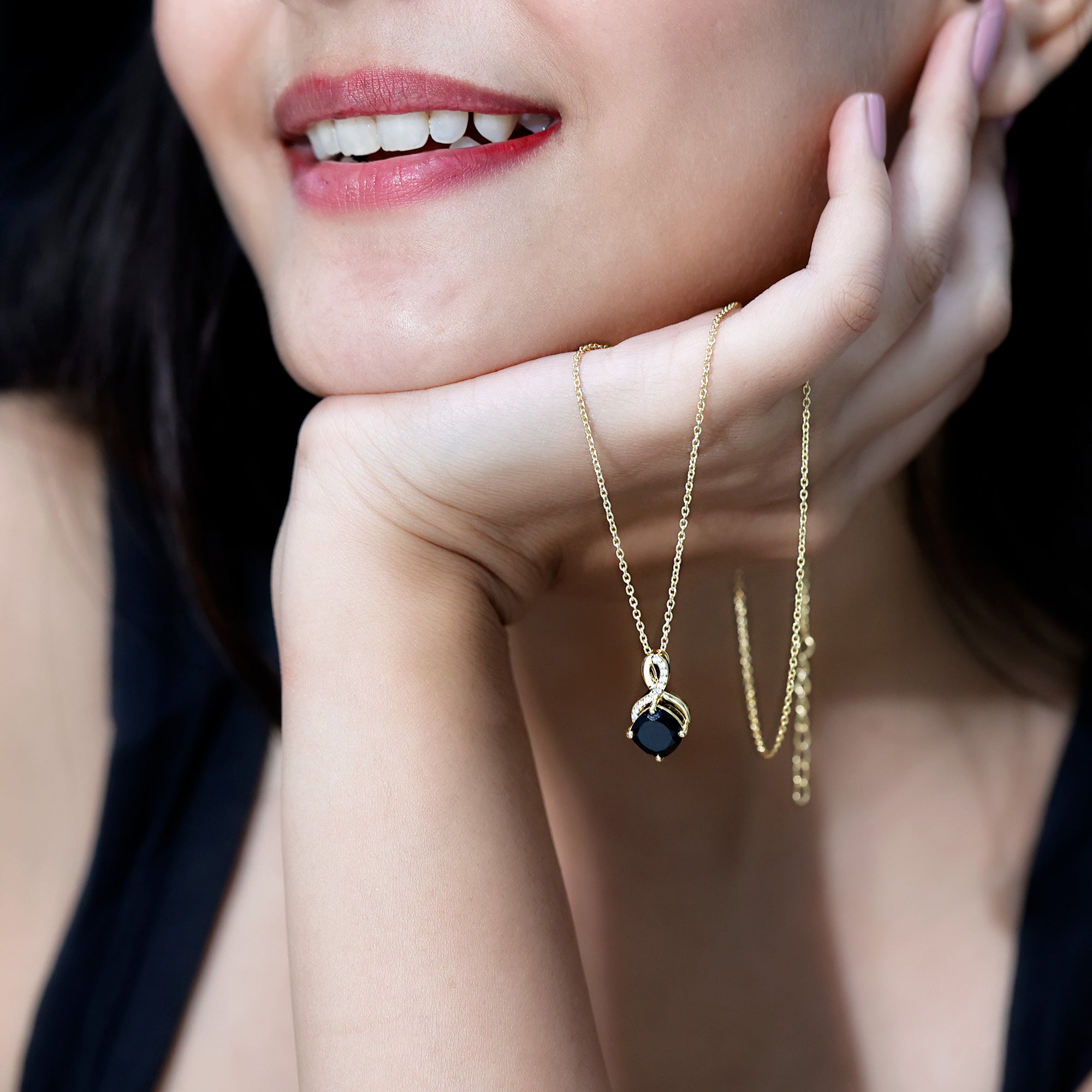 Cushion Cut 2 Carat Black Onyx Infinity Pendant Necklace with Lab Diamond AAA 14K Yellow Gold Plated Silver - Rosec Jewels