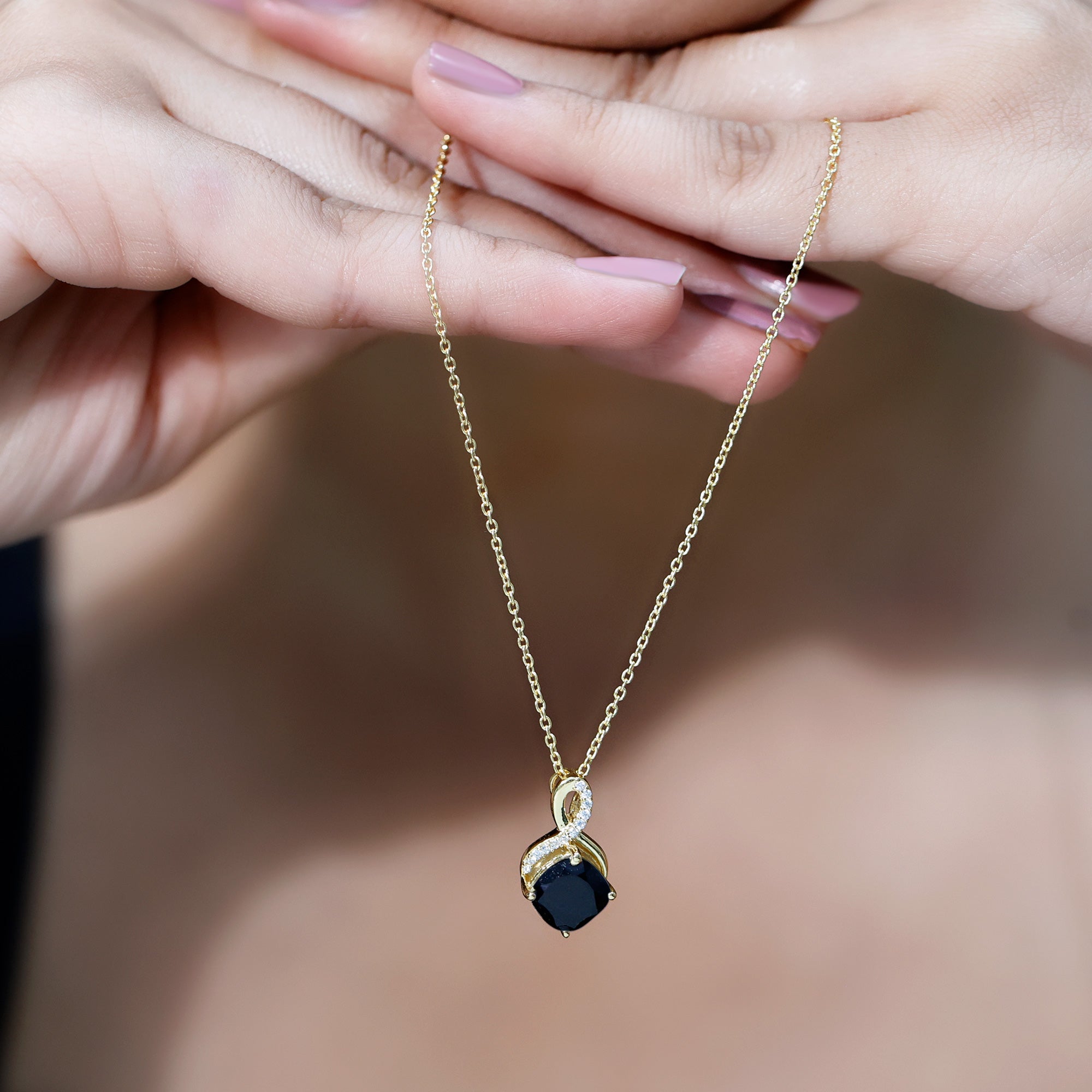 Cushion Cut 2 Carat Black Onyx Infinity Pendant Necklace with Lab Diamond AAA 14K Yellow Gold Plated Silver - Rosec Jewels