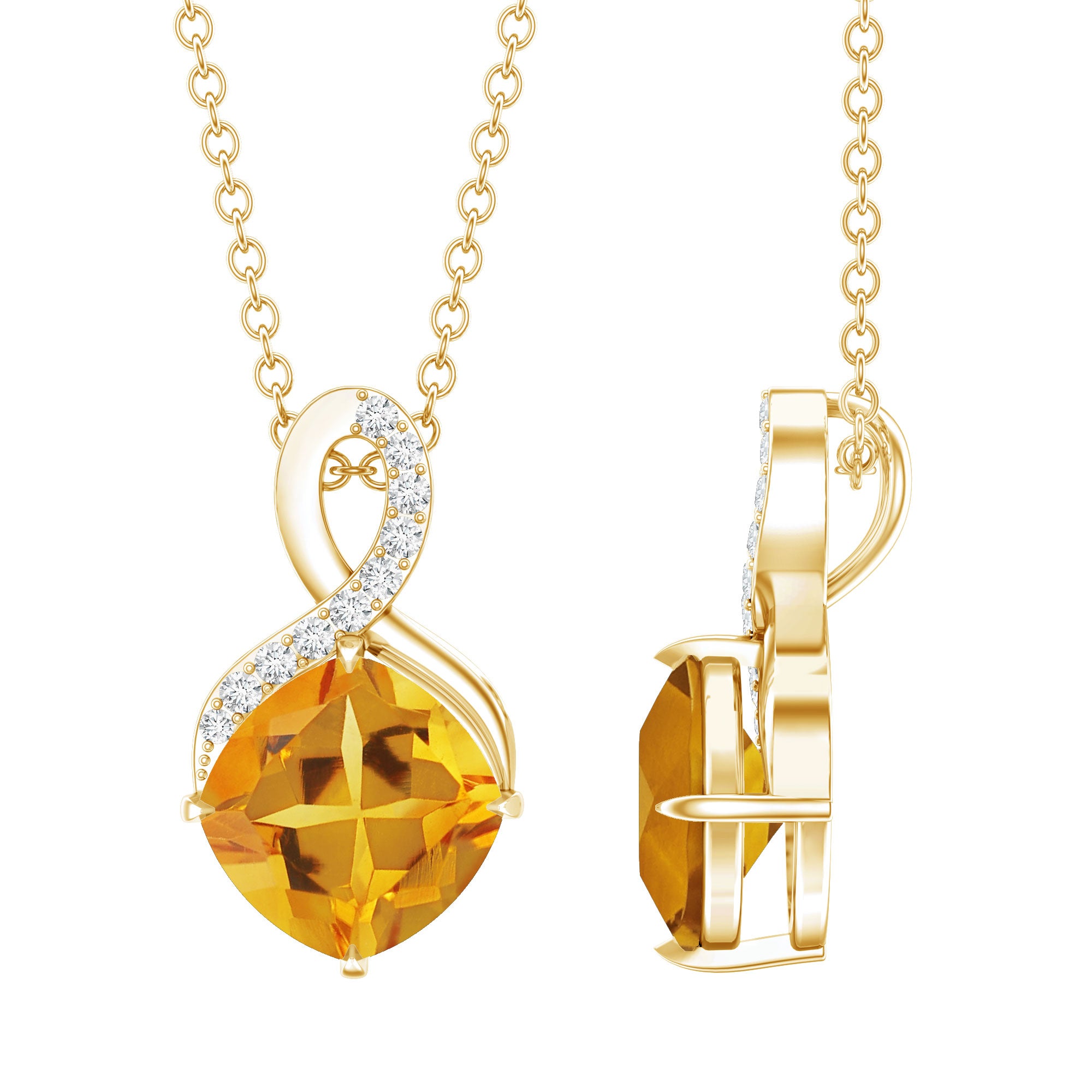 Cushion Cut 2.2 Carat Citrine Infinity Necklace with Silver Chain AAA 14K Yellow Gold Plated Silver - Rosec Jewels