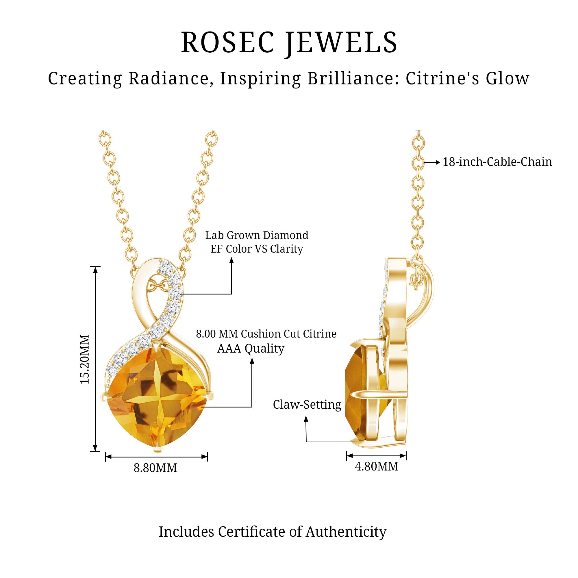 Cushion Cut 2.2 Carat Citrine Infinity Necklace with Silver Chain AAA 14K Yellow Gold Plated Silver - Rosec Jewels