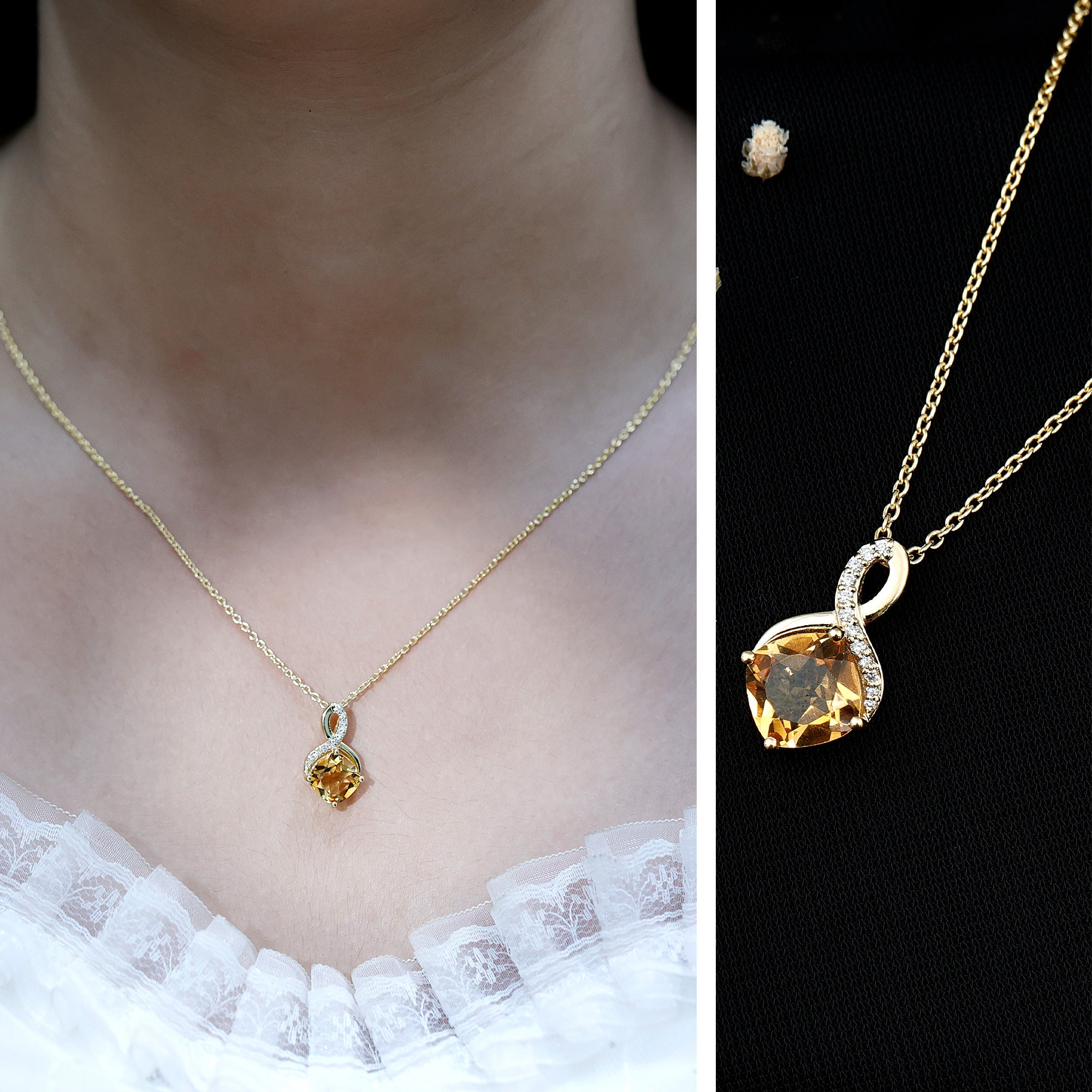 Cushion Cut 2.2 Carat Citrine Infinity Necklace with Silver Chain AAA 14K Yellow Gold Plated Silver - Rosec Jewels