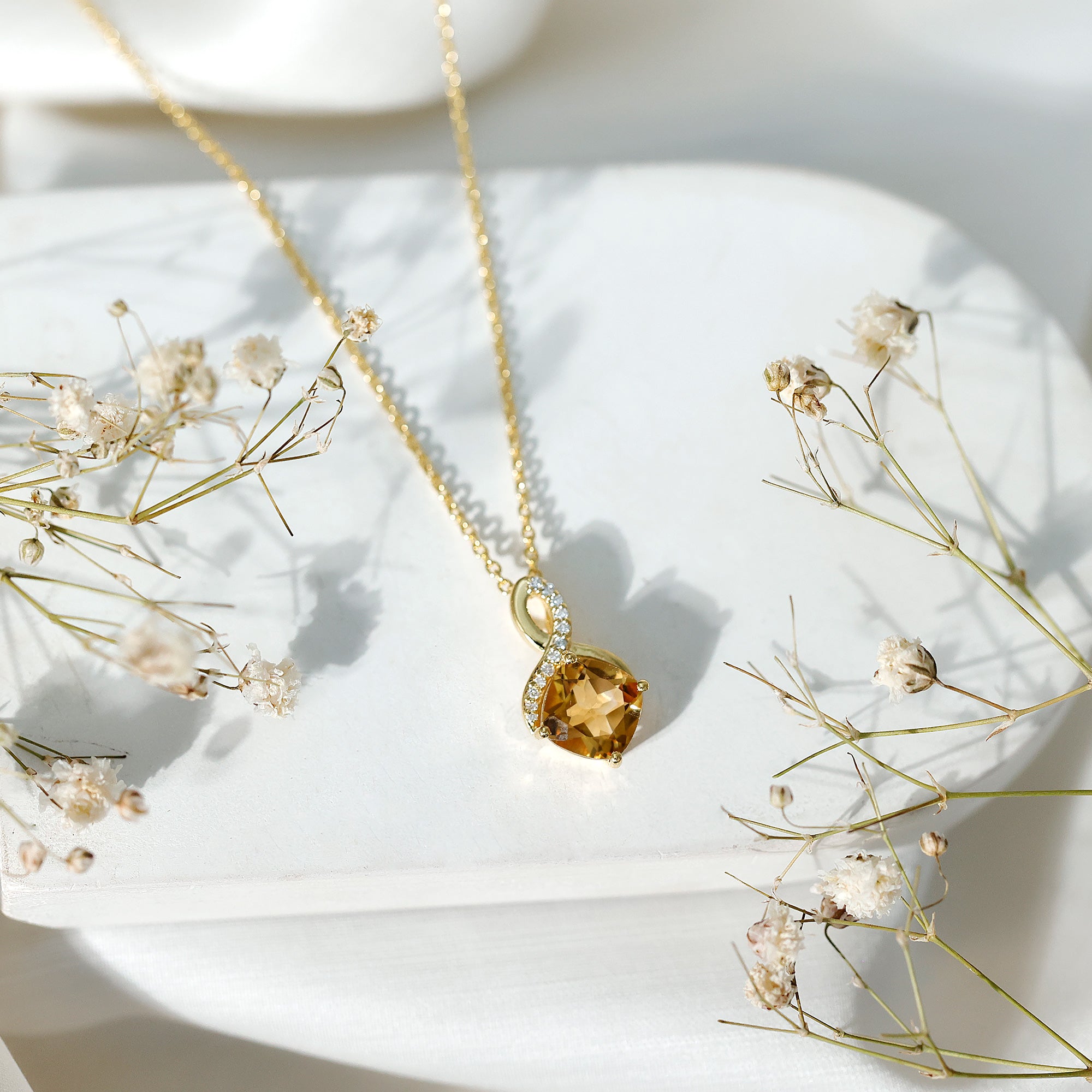 Cushion Cut 2.2 Carat Citrine Infinity Necklace with Silver Chain AAA 14K Yellow Gold Plated Silver - Rosec Jewels