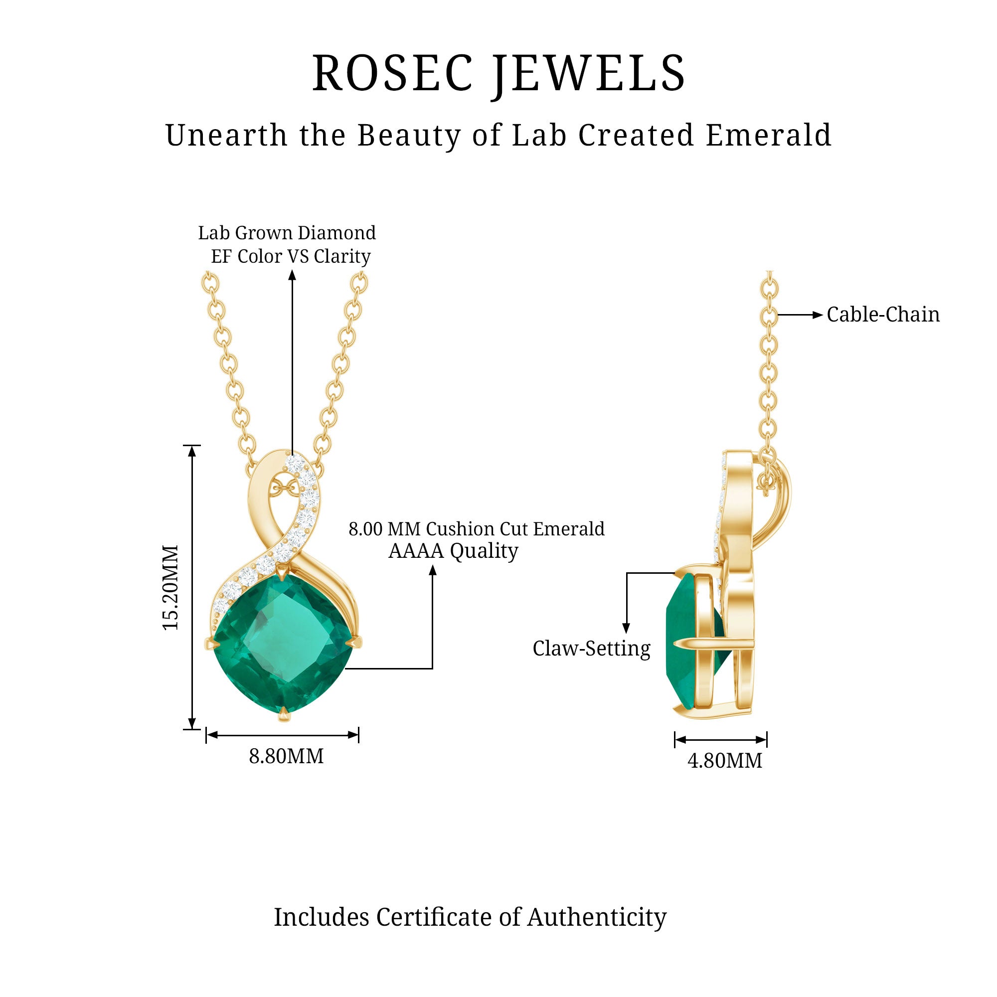 2 Carat Cushion Cut Lab Grown Emerald Infinity Necklace for Women AAAA 14K Yellow Gold Plated Silver - Rosec Jewels