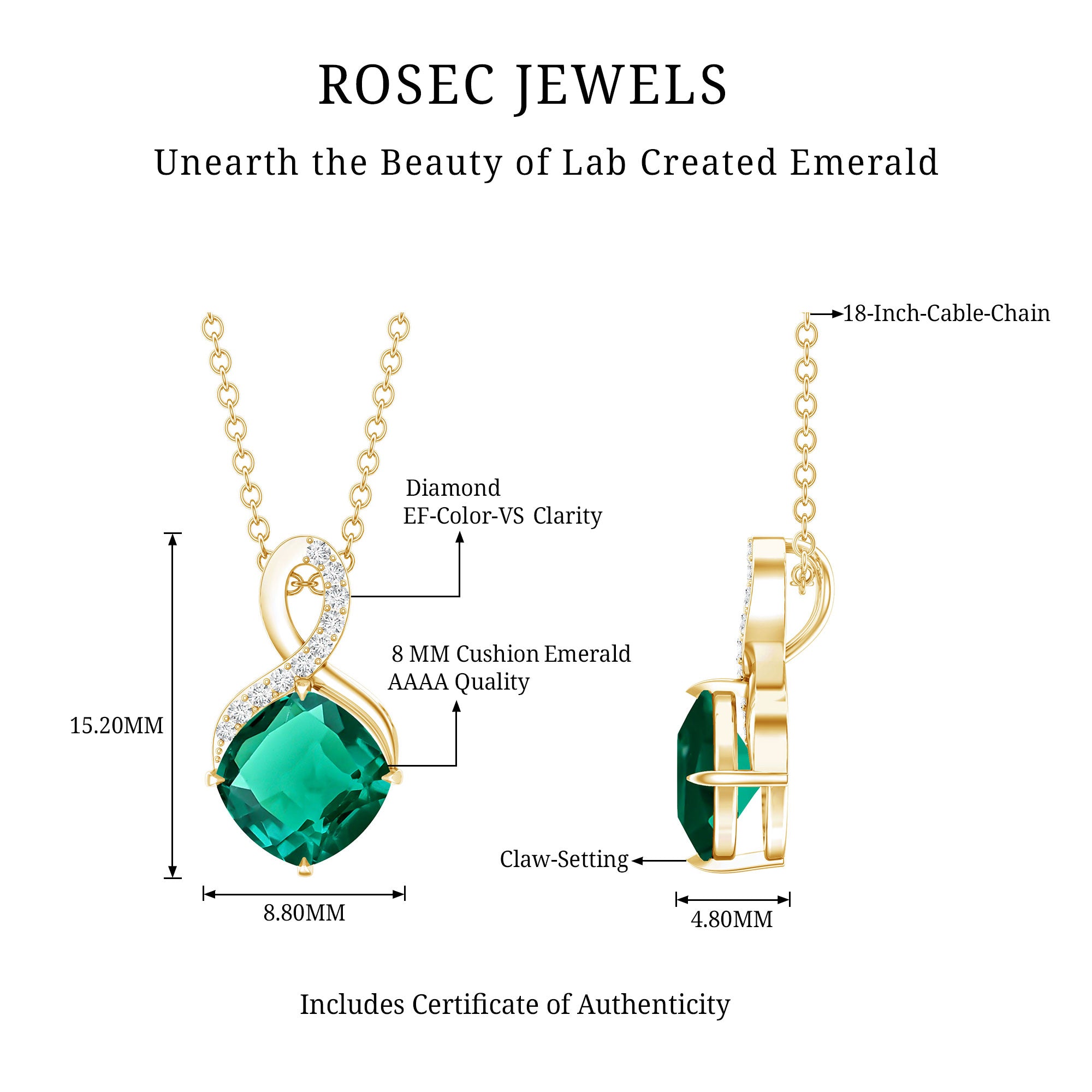 2 Carat Cushion Cut Lab Grown Emerald Infinity Necklace for Women AAAA 14K Yellow Gold Plated Silver - Rosec Jewels