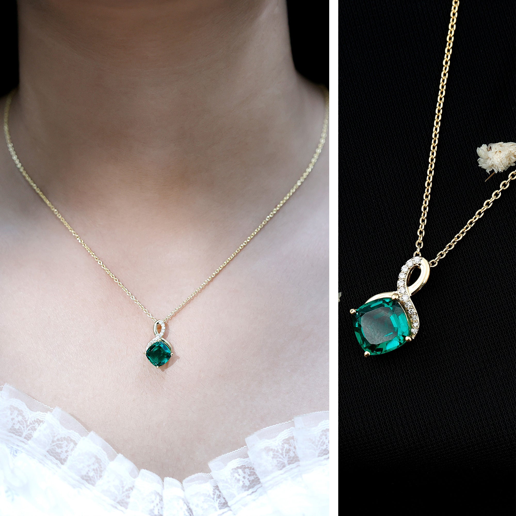 2 Carat Cushion Cut Lab Grown Emerald Infinity Necklace for Women AAAA 14K Yellow Gold Plated Silver - Rosec Jewels