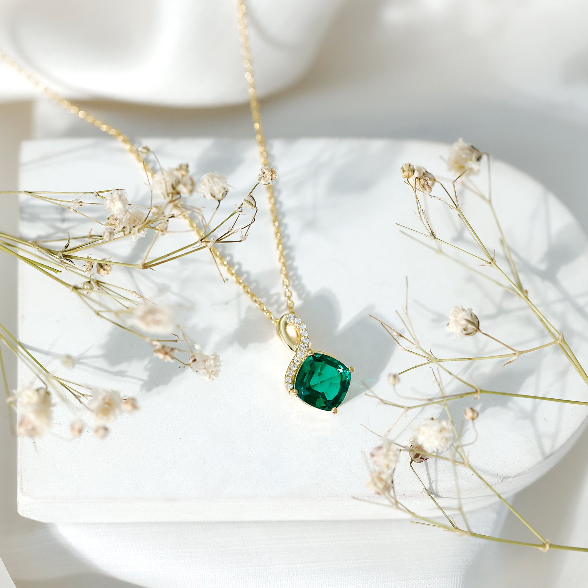 2 Carat Cushion Cut Lab Grown Emerald Infinity Necklace for Women AAAA 14K Yellow Gold Plated Silver - Rosec Jewels