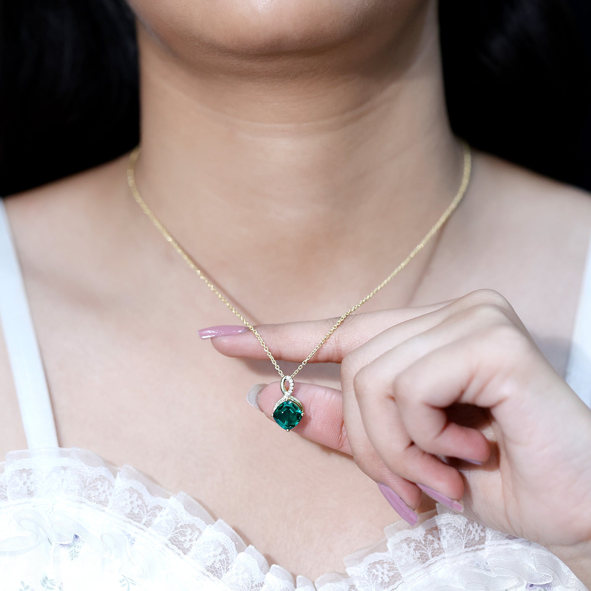 2 Carat Cushion Cut Lab Grown Emerald Infinity Necklace for Women AAAA 14K Yellow Gold Plated Silver - Rosec Jewels