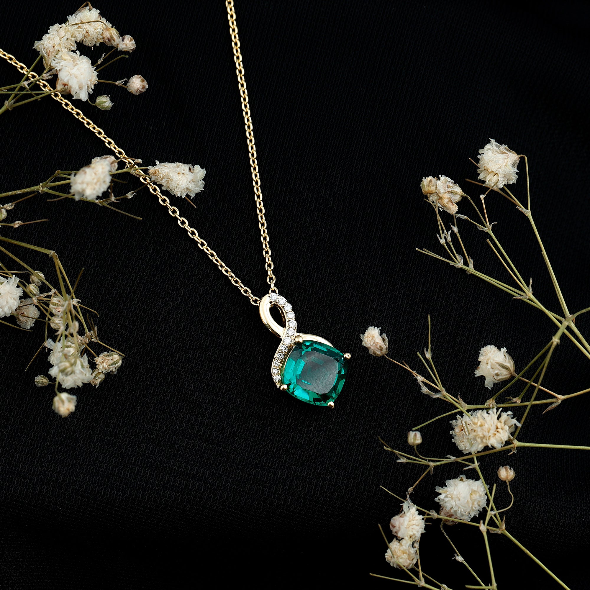 2 Carat Cushion Cut Lab Grown Emerald Infinity Necklace for Women AAAA 14K Yellow Gold Plated Silver - Rosec Jewels