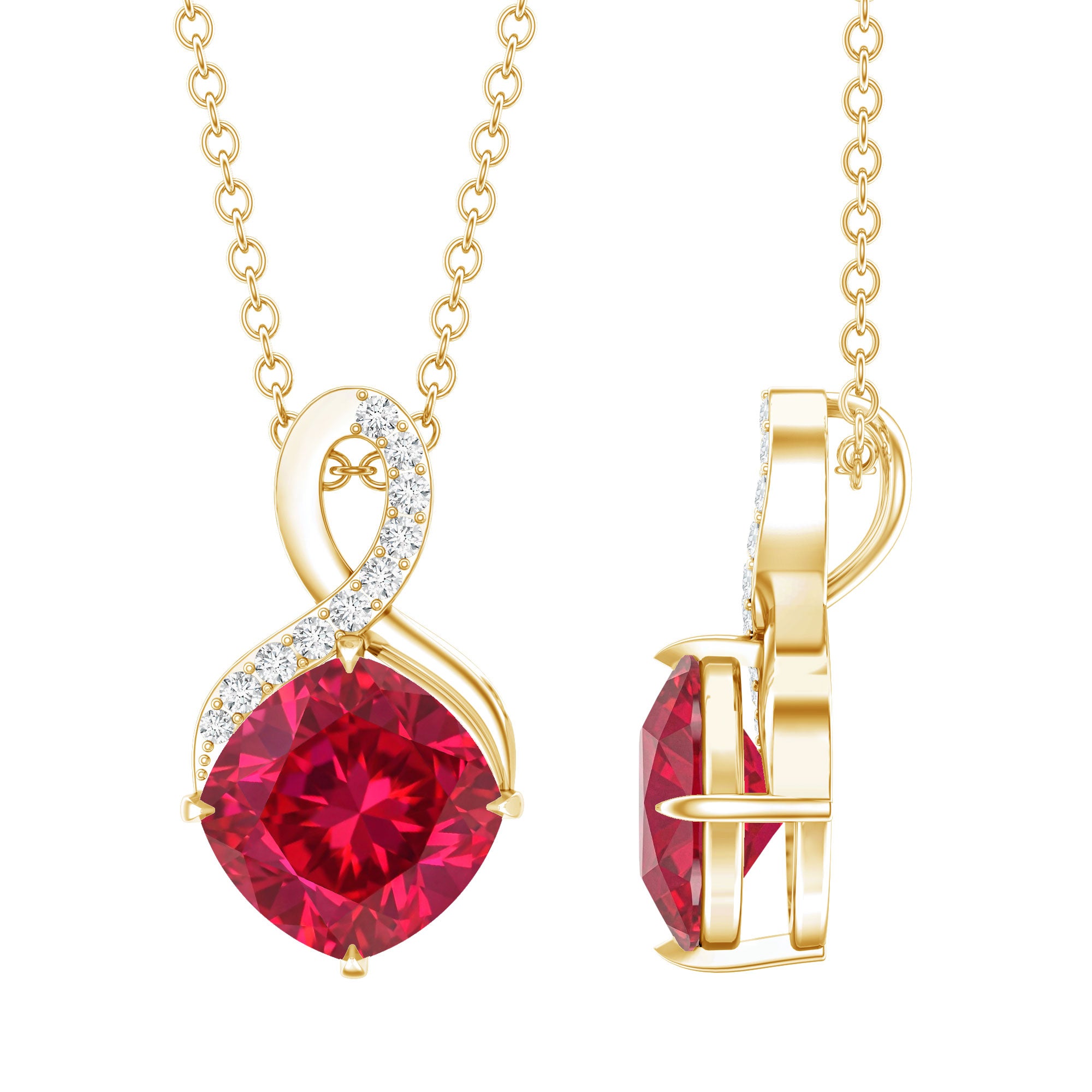 Certified Cushion Cut 2 Carat Lab Grown Ruby Infinity Necklace with Chain AAAA 14K Yellow Gold Plated Silver - Rosec Jewels