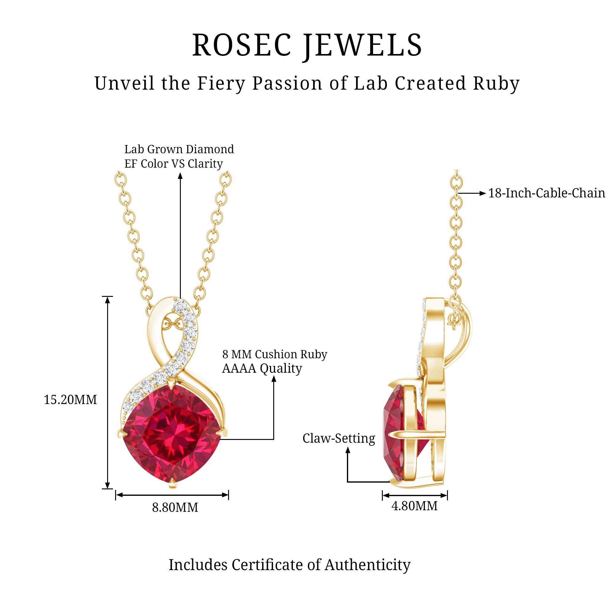 Certified Cushion Cut 2 Carat Lab Grown Ruby Infinity Necklace with Chain AAAA 14K Yellow Gold Plated Silver - Rosec Jewels