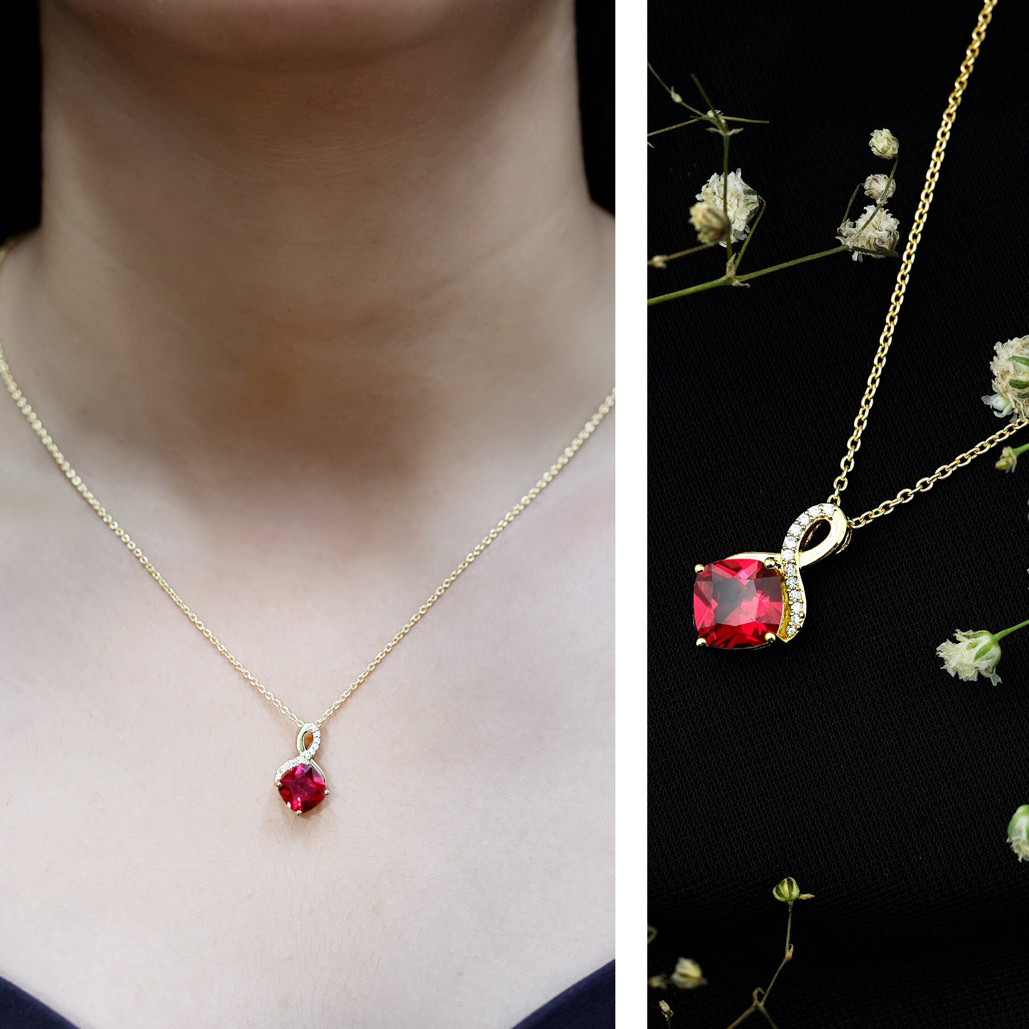 Certified Cushion Cut 2 Carat Lab Grown Ruby Infinity Necklace with Chain AAAA 14K Yellow Gold Plated Silver - Rosec Jewels