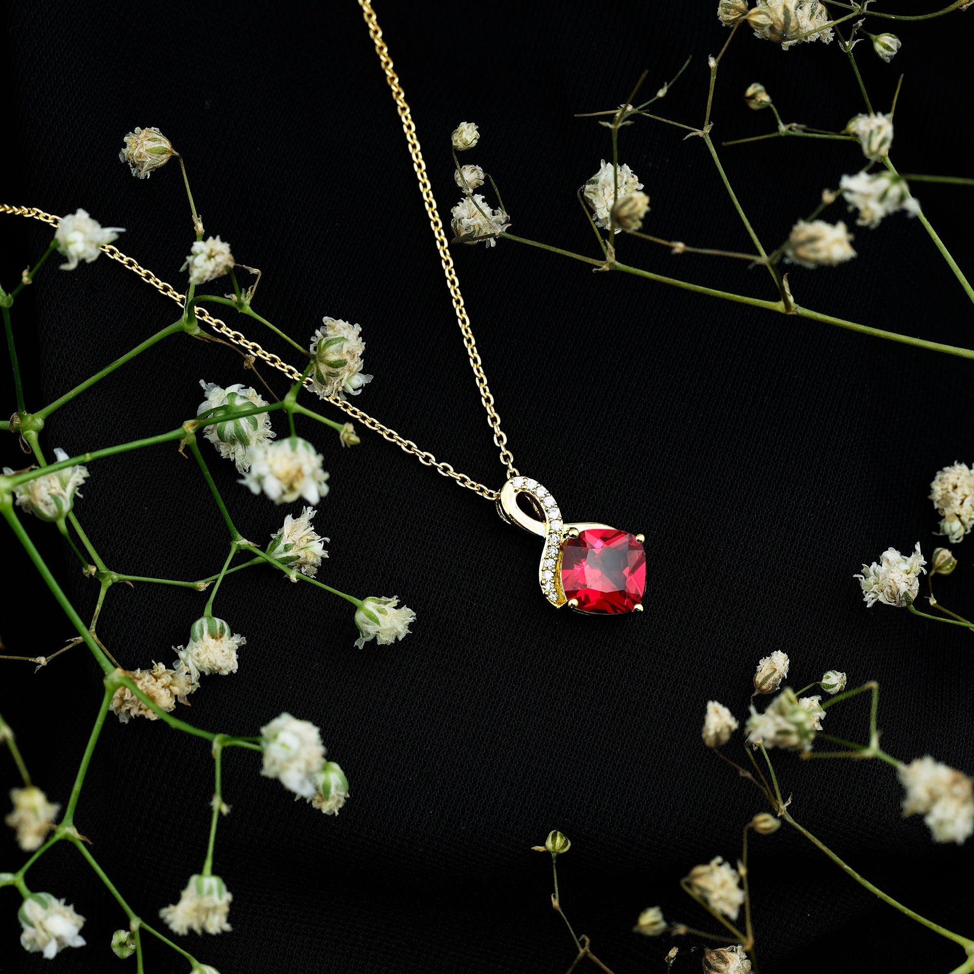 Certified Cushion Cut 2 Carat Lab Grown Ruby Infinity Necklace with Chain AAAA 14K Yellow Gold Plated Silver - Rosec Jewels