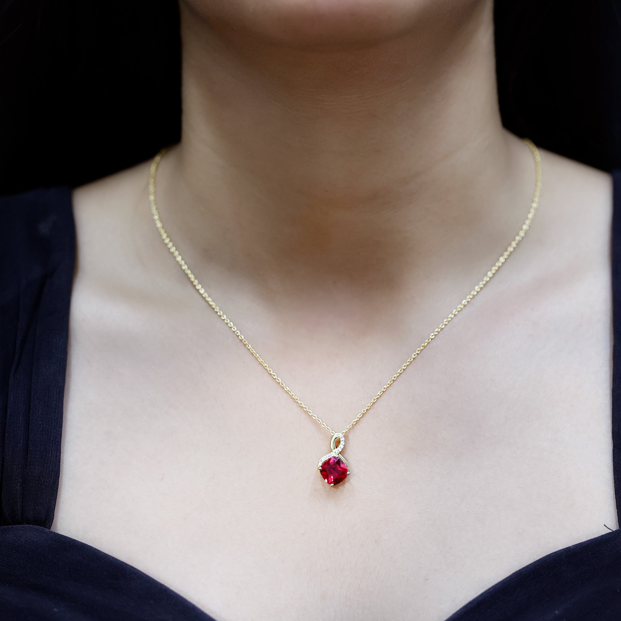 Certified Cushion Cut 2 Carat Lab Grown Ruby Infinity Necklace with Chain AAAA 14K Yellow Gold Plated Silver - Rosec Jewels