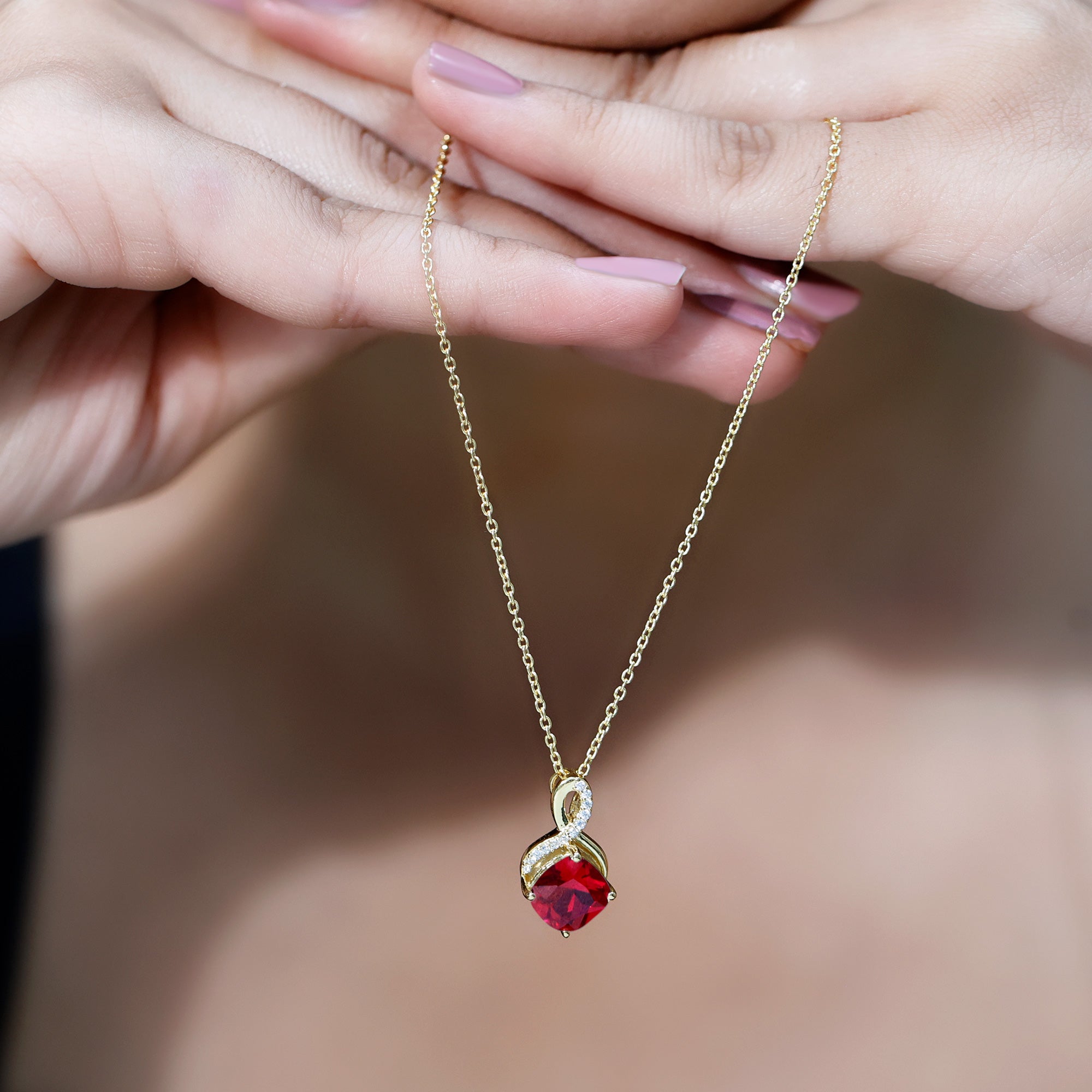 Certified Cushion Cut 2 Carat Lab Grown Ruby Infinity Necklace with Chain AAAA 14K Yellow Gold Plated Silver - Rosec Jewels