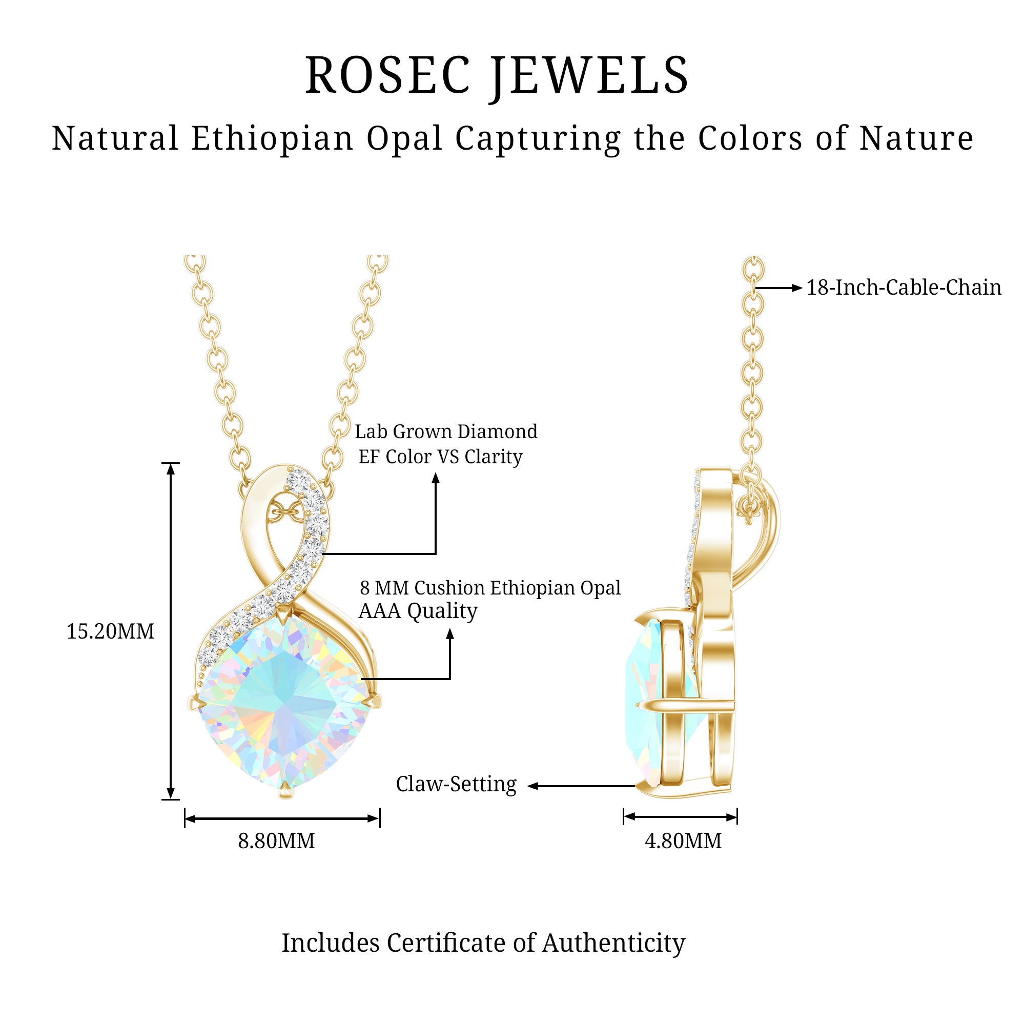 Cushion Cut 1.87 Carat Ethiopian Opal Infinity Necklace with Silver Chain AAA 14K Yellow Gold Plated Silver - Rosec Jewels