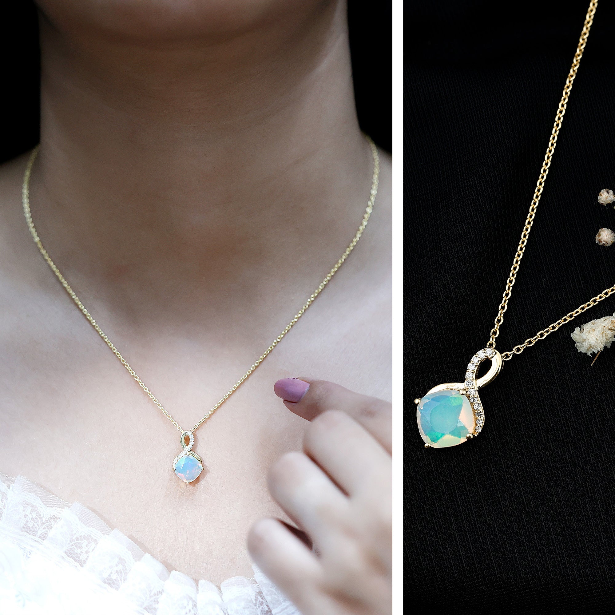Cushion Cut 1.87 Carat Ethiopian Opal Infinity Necklace with Silver Chain AAA 14K Yellow Gold Plated Silver - Rosec Jewels