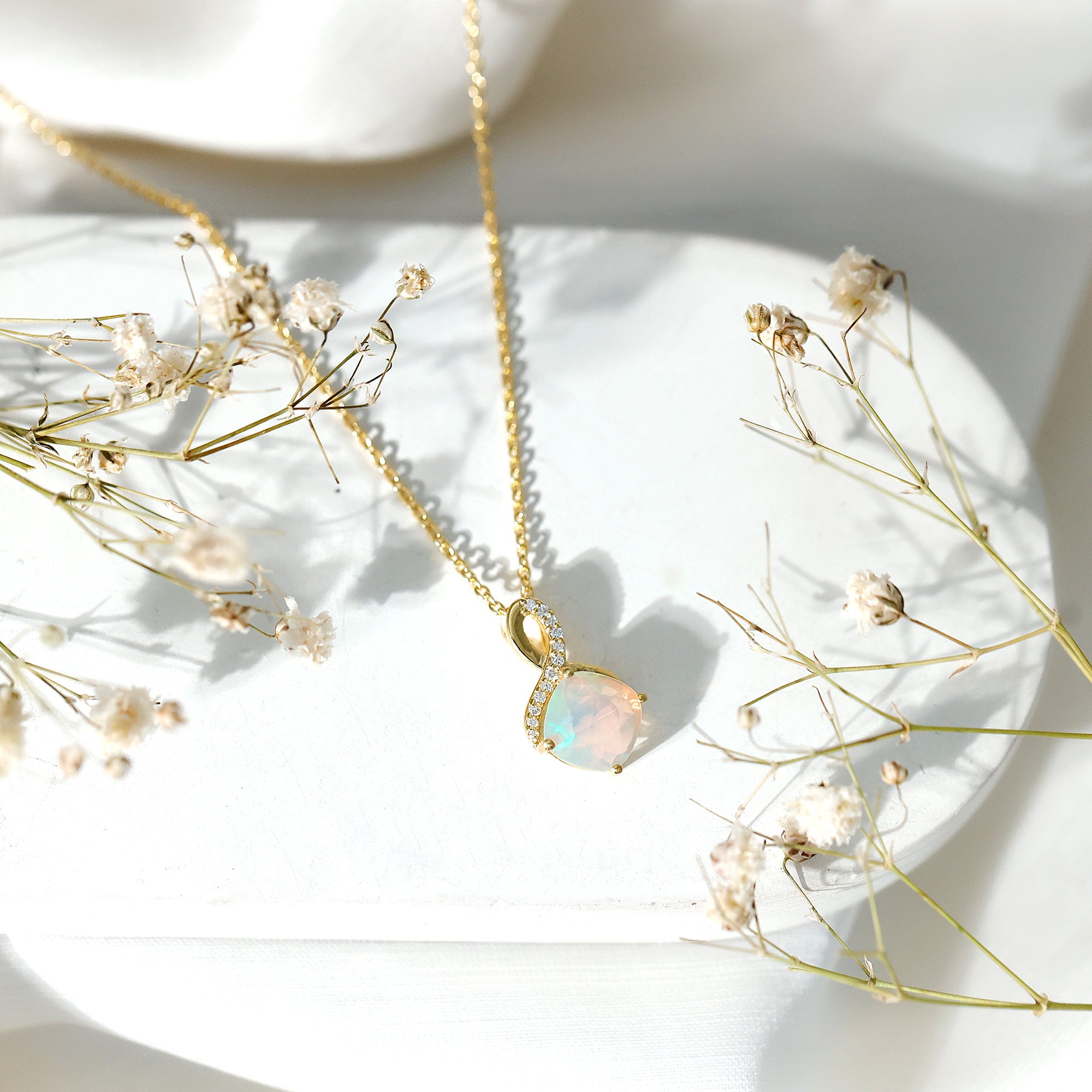 Cushion Cut 1.87 Carat Ethiopian Opal Infinity Necklace with Silver Chain AAA 14K Yellow Gold Plated Silver - Rosec Jewels