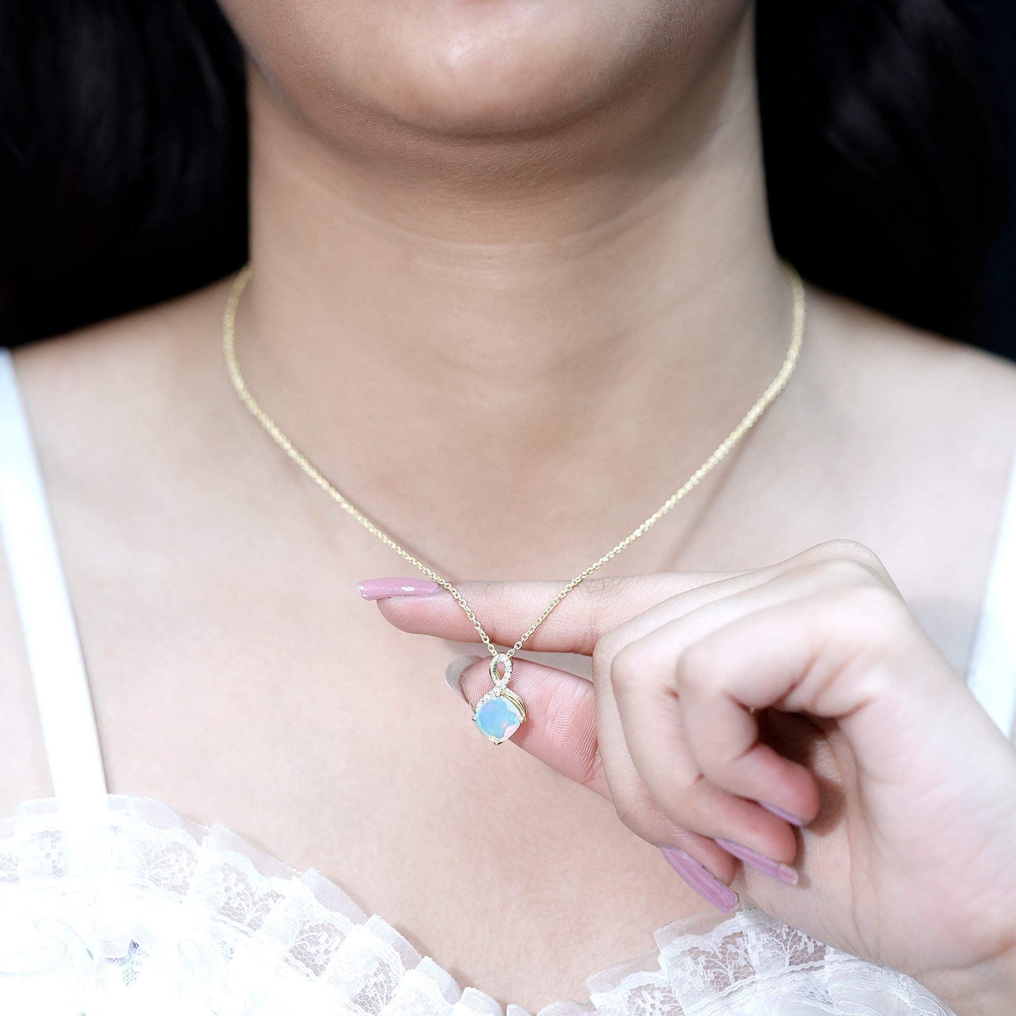 Cushion Cut 1.87 Carat Ethiopian Opal Infinity Necklace with Silver Chain AAA 14K Yellow Gold Plated Silver - Rosec Jewels