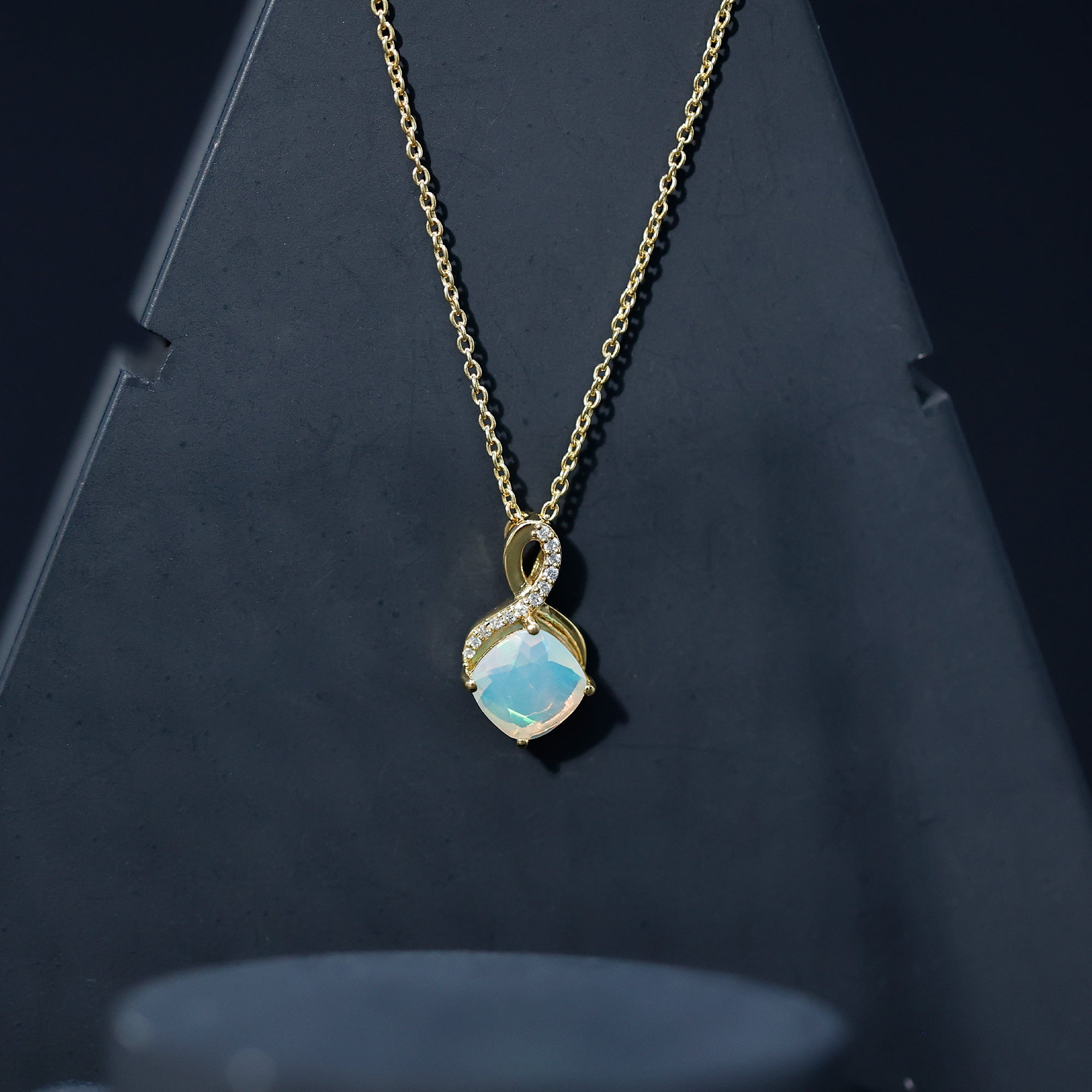 Cushion Cut 1.87 Carat Ethiopian Opal Infinity Necklace with Silver Chain AAA 14K Yellow Gold Plated Silver - Rosec Jewels