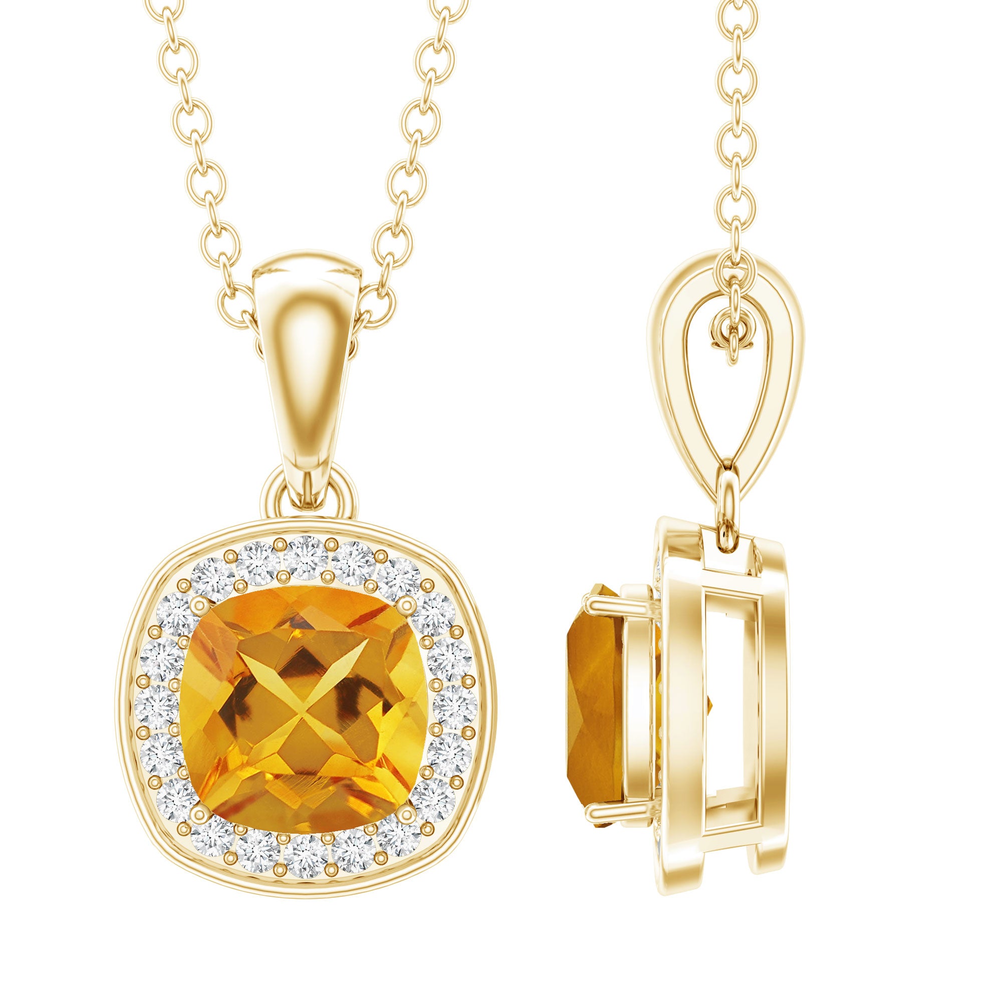 Natural 0.9 Carat Citrine and Diamond Halo Necklace with Silver Chain AAA 14K Yellow Gold Plated Silver - Rosec Jewels
