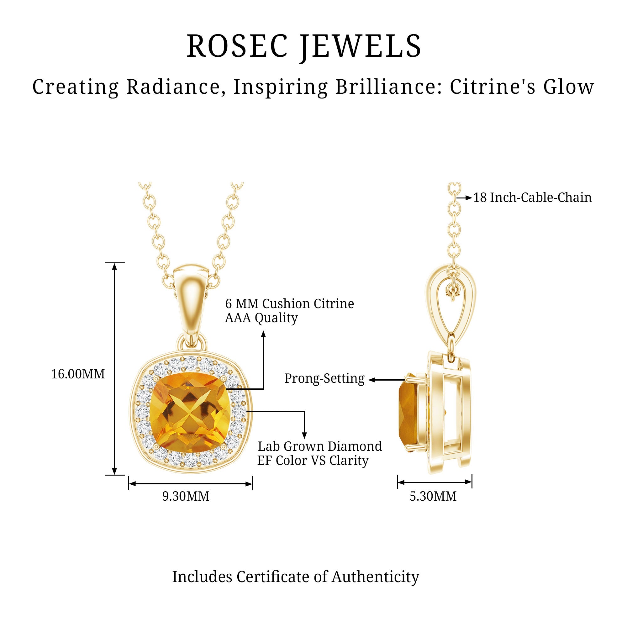 Natural 0.9 Carat Citrine and Diamond Halo Necklace with Silver Chain AAA 14K Yellow Gold Plated Silver - Rosec Jewels