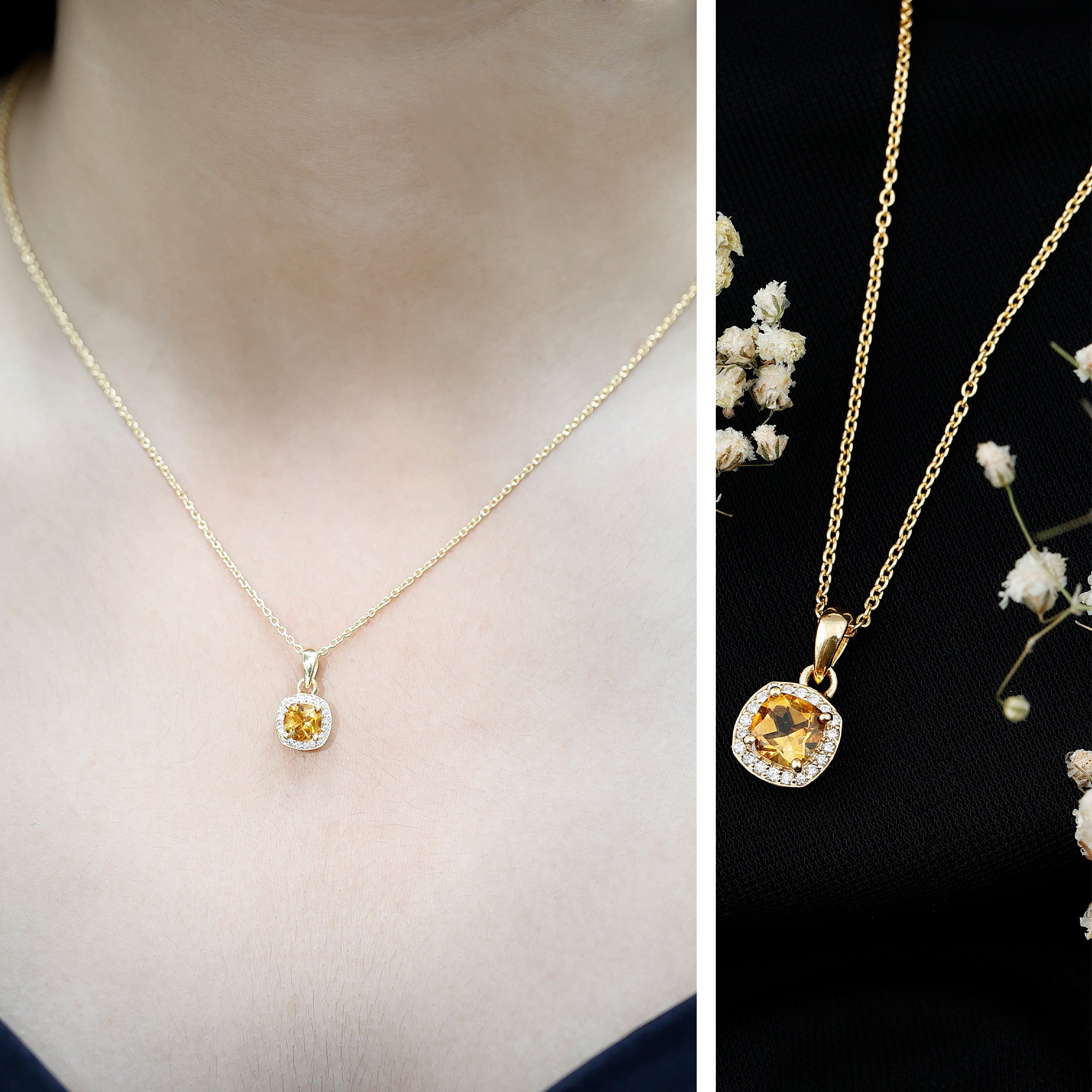Natural 0.9 Carat Citrine and Diamond Halo Necklace with Silver Chain AAA 14K Yellow Gold Plated Silver - Rosec Jewels