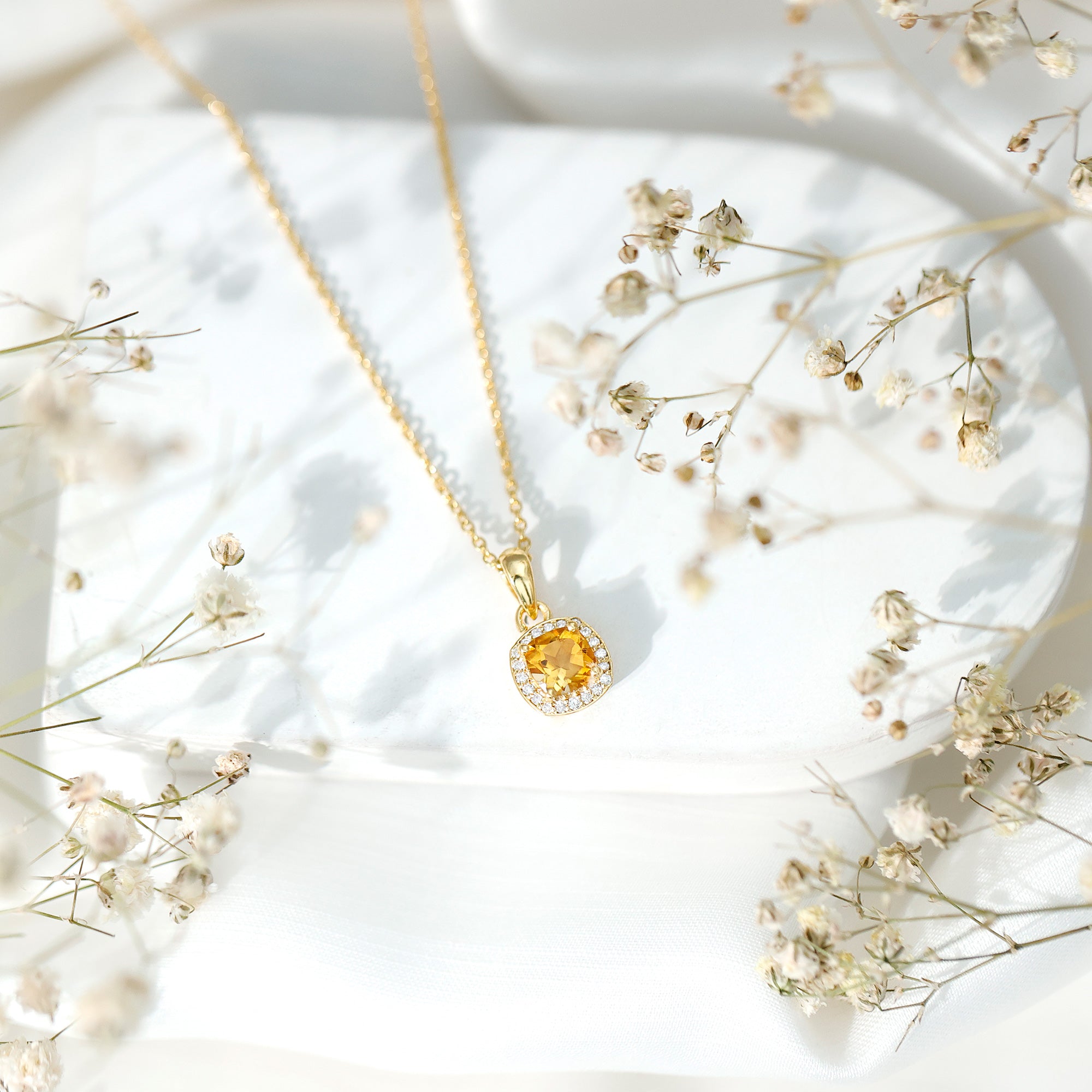 Natural 0.9 Carat Citrine and Diamond Halo Necklace with Silver Chain AAA 14K Yellow Gold Plated Silver - Rosec Jewels
