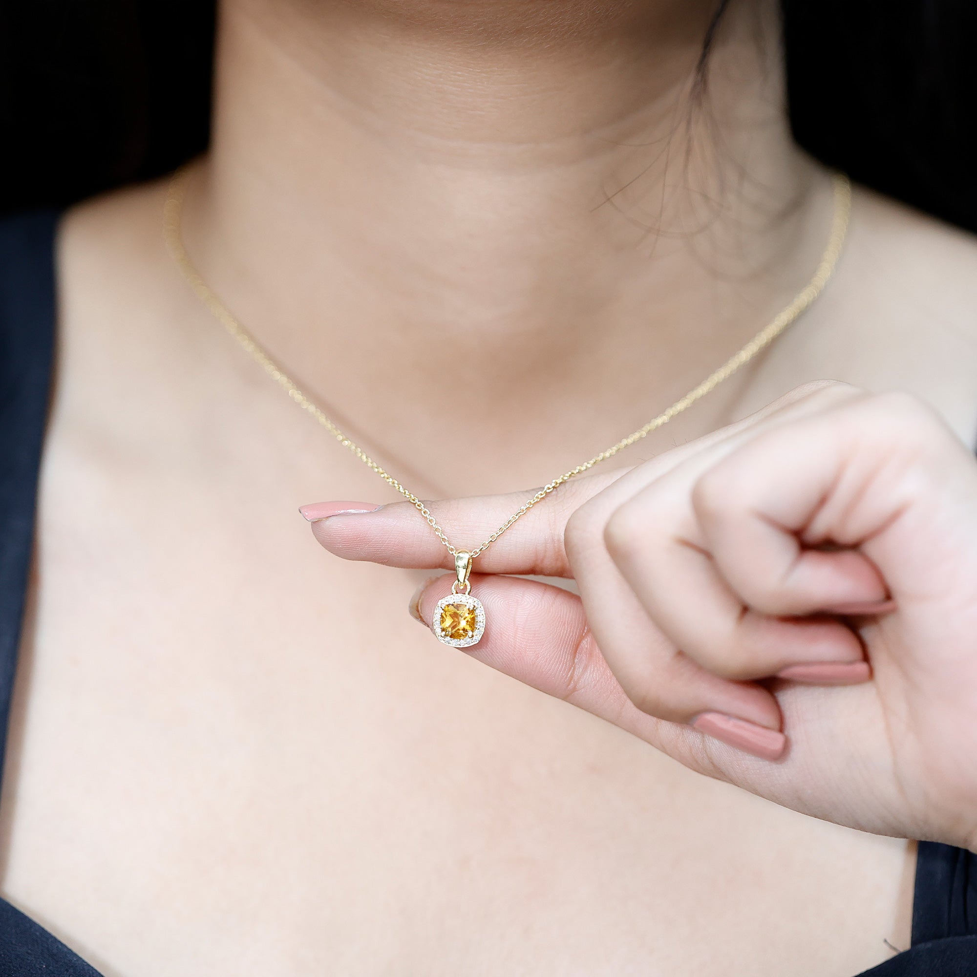 Natural 0.9 Carat Citrine and Diamond Halo Necklace with Silver Chain AAA 14K Yellow Gold Plated Silver - Rosec Jewels