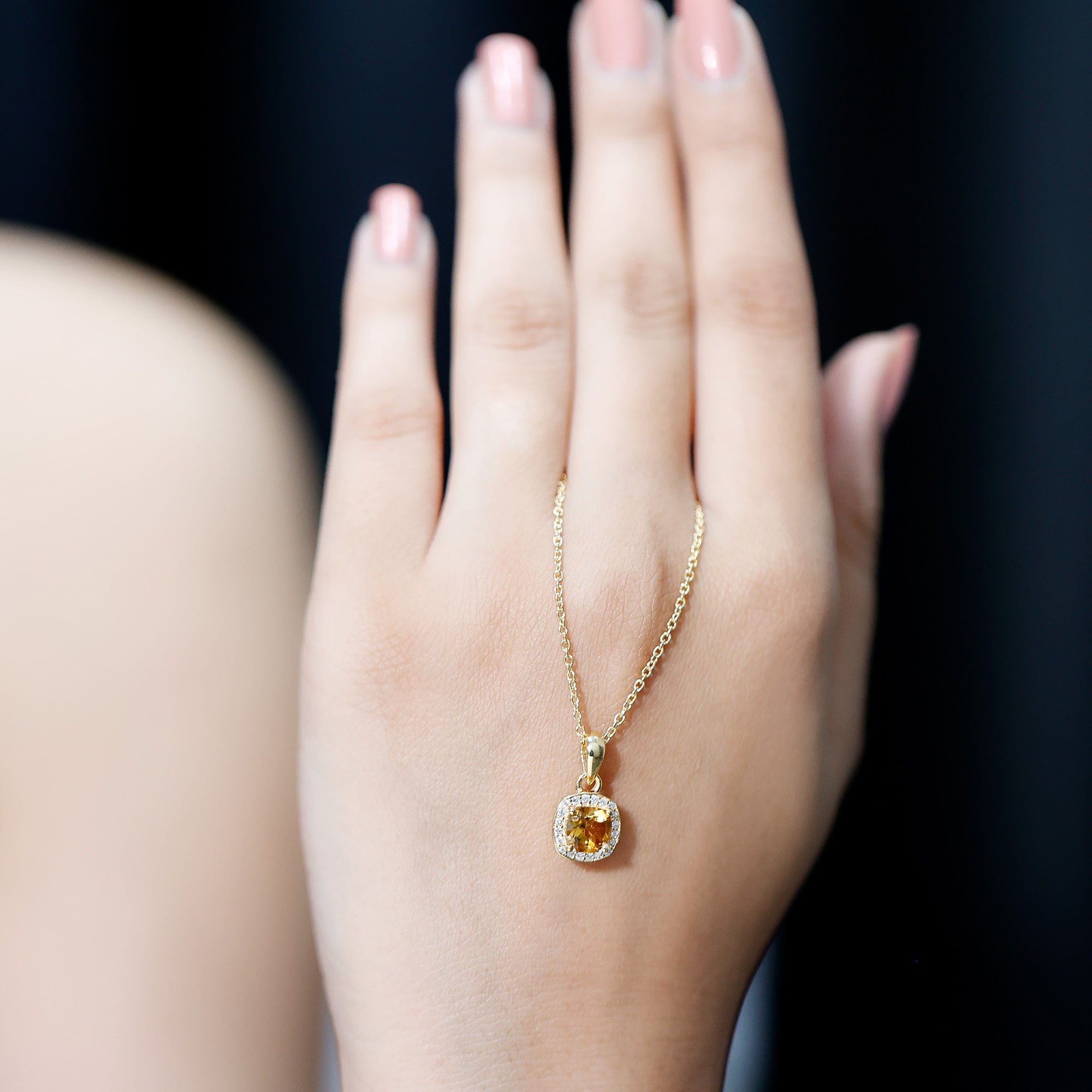 Natural 0.9 Carat Citrine and Diamond Halo Necklace with Silver Chain AAA 14K Yellow Gold Plated Silver - Rosec Jewels