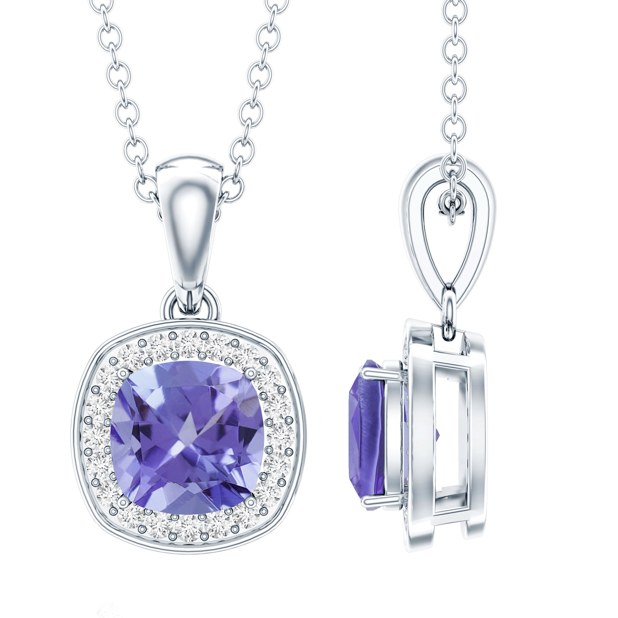 Cushion Cut 1.2 Carat Tanzanite Necklace with Lab Diamond Halo AAA 92.5 Sterling Silver - Rosec Jewels