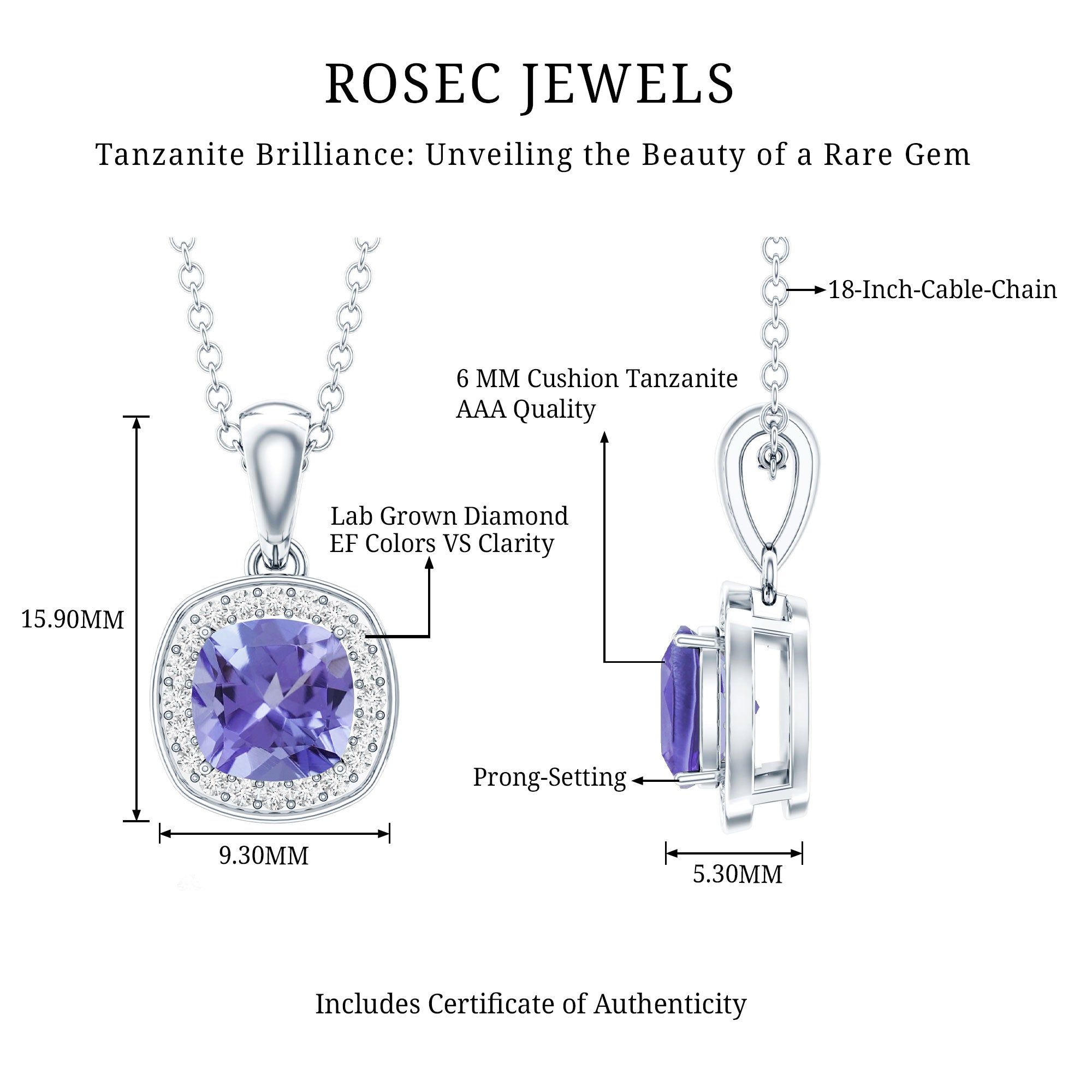 Cushion Cut 1.2 Carat Tanzanite Necklace with Lab Diamond Halo AAA 92.5 Sterling Silver - Rosec Jewels