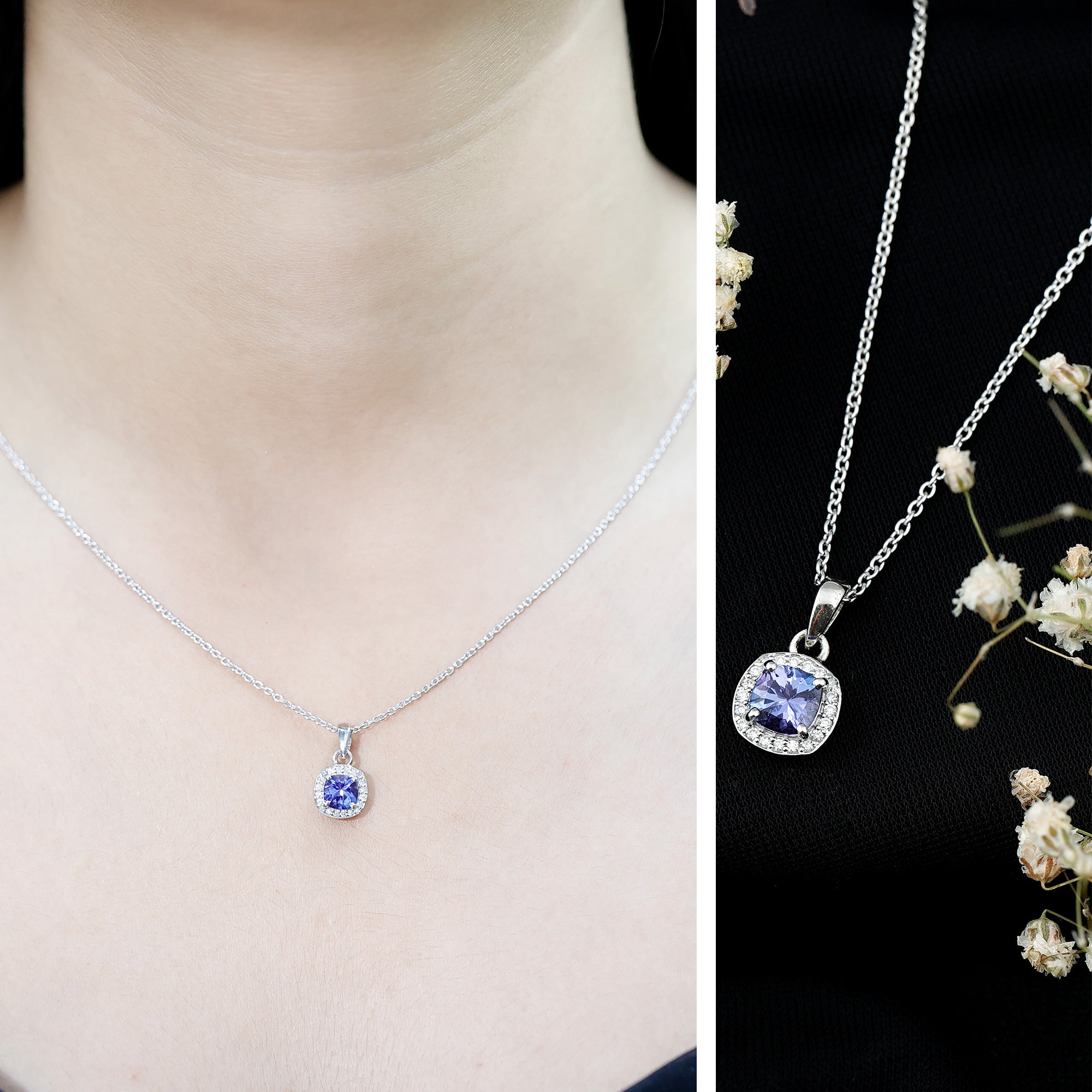 Cushion Cut 1.2 Carat Tanzanite Necklace with Lab Diamond Halo AAA 92.5 Sterling Silver - Rosec Jewels