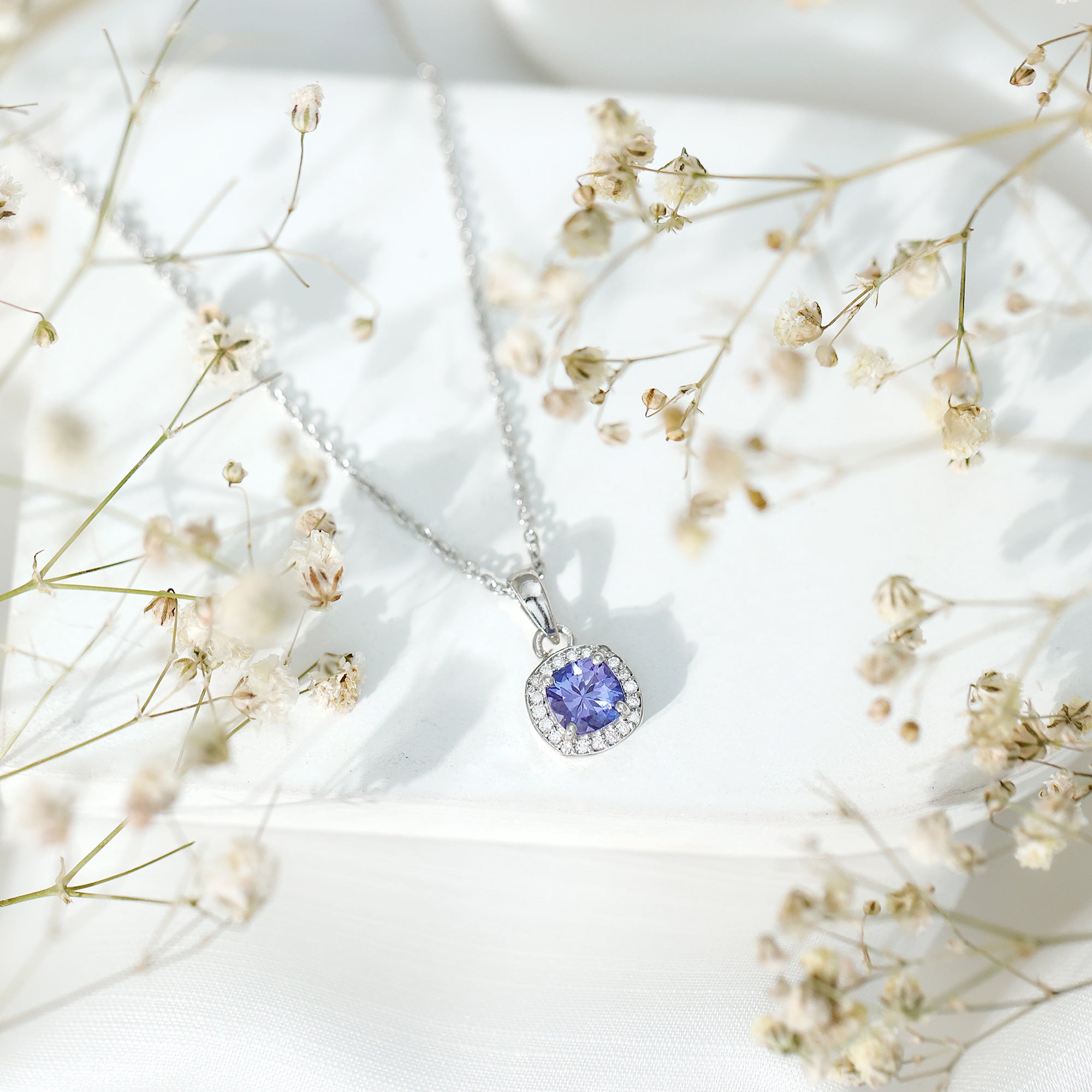 Cushion Cut 1.2 Carat Tanzanite Necklace with Lab Diamond Halo AAA 92.5 Sterling Silver - Rosec Jewels