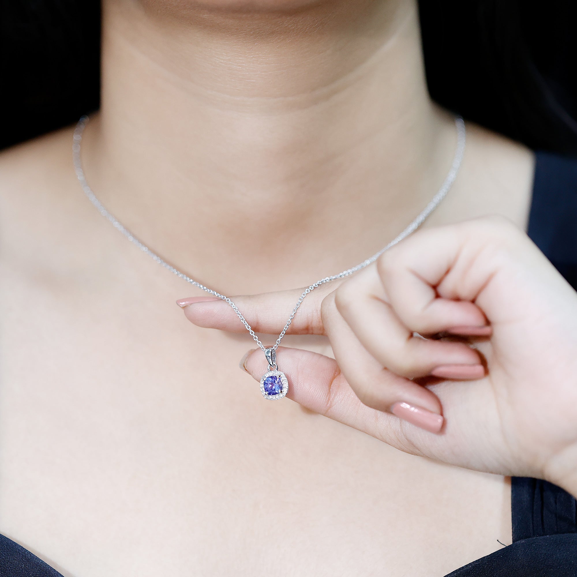 Cushion Cut 1.2 Carat Tanzanite Necklace with Lab Diamond Halo AAA 92.5 Sterling Silver - Rosec Jewels