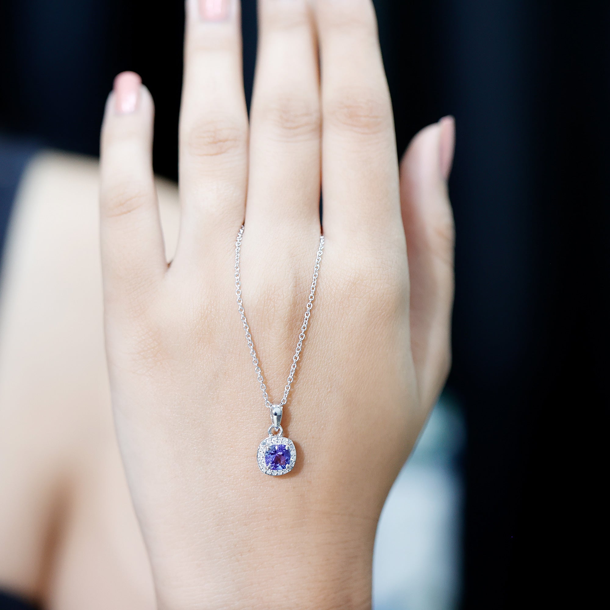 Cushion Cut 1.2 Carat Tanzanite Necklace with Lab Diamond Halo AAA 92.5 Sterling Silver - Rosec Jewels