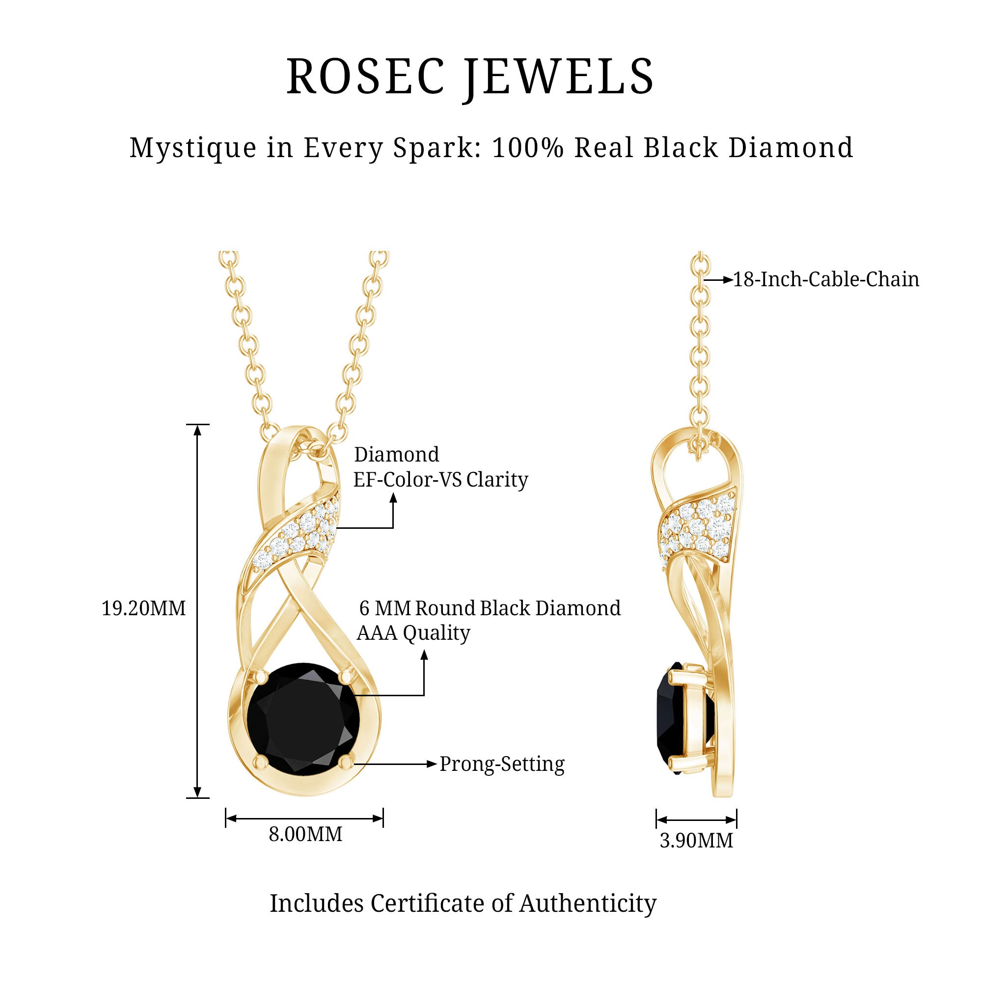 1 Carat Black and White Diamond Infinity Necklace with Silver Chain AAA 14K Yellow Gold Plated Silver - Rosec Jewels