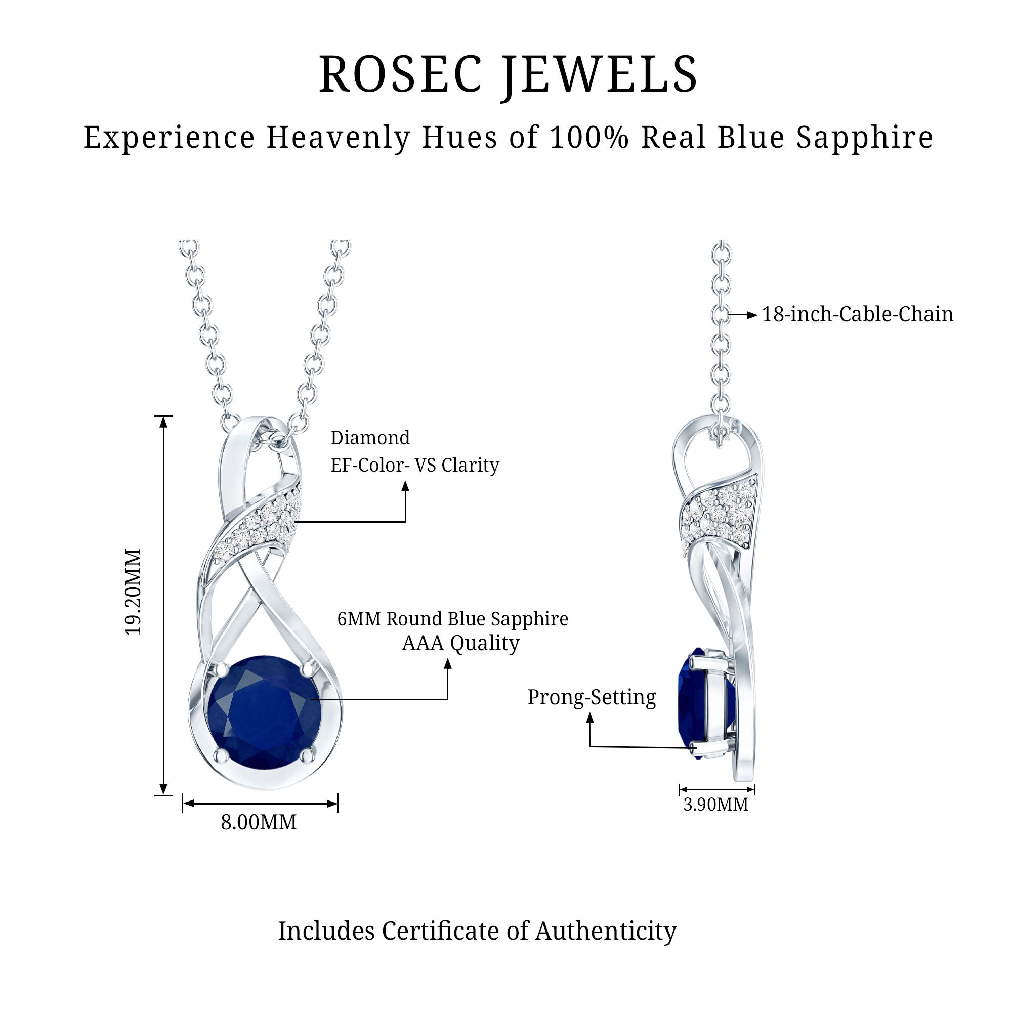 Natural 1 Carat Blue Sapphire Infinity Necklace with Silver Chain AAA 92.5 Sterling Silver - Rosec Jewels