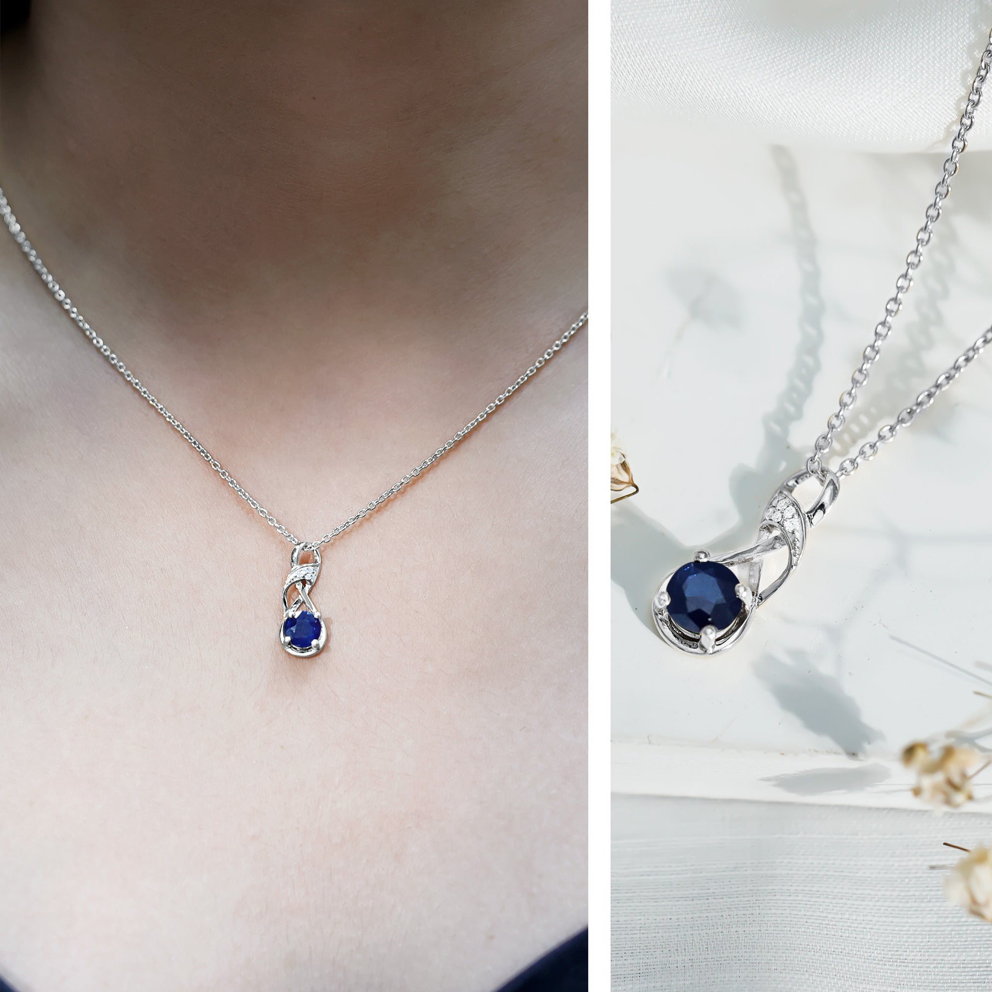 Natural 1 Carat Blue Sapphire Infinity Necklace with Silver Chain AAA 92.5 Sterling Silver - Rosec Jewels