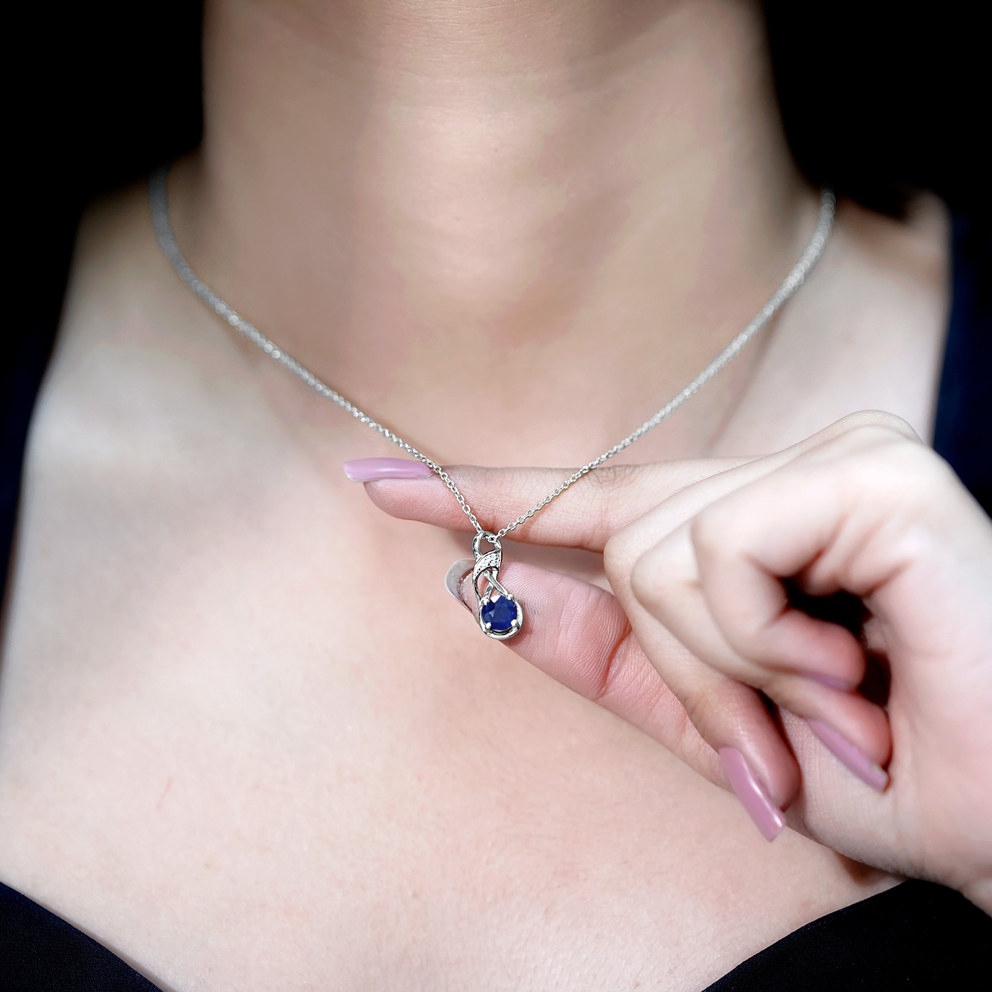 Natural 1 Carat Blue Sapphire Infinity Necklace with Silver Chain AAA 92.5 Sterling Silver - Rosec Jewels