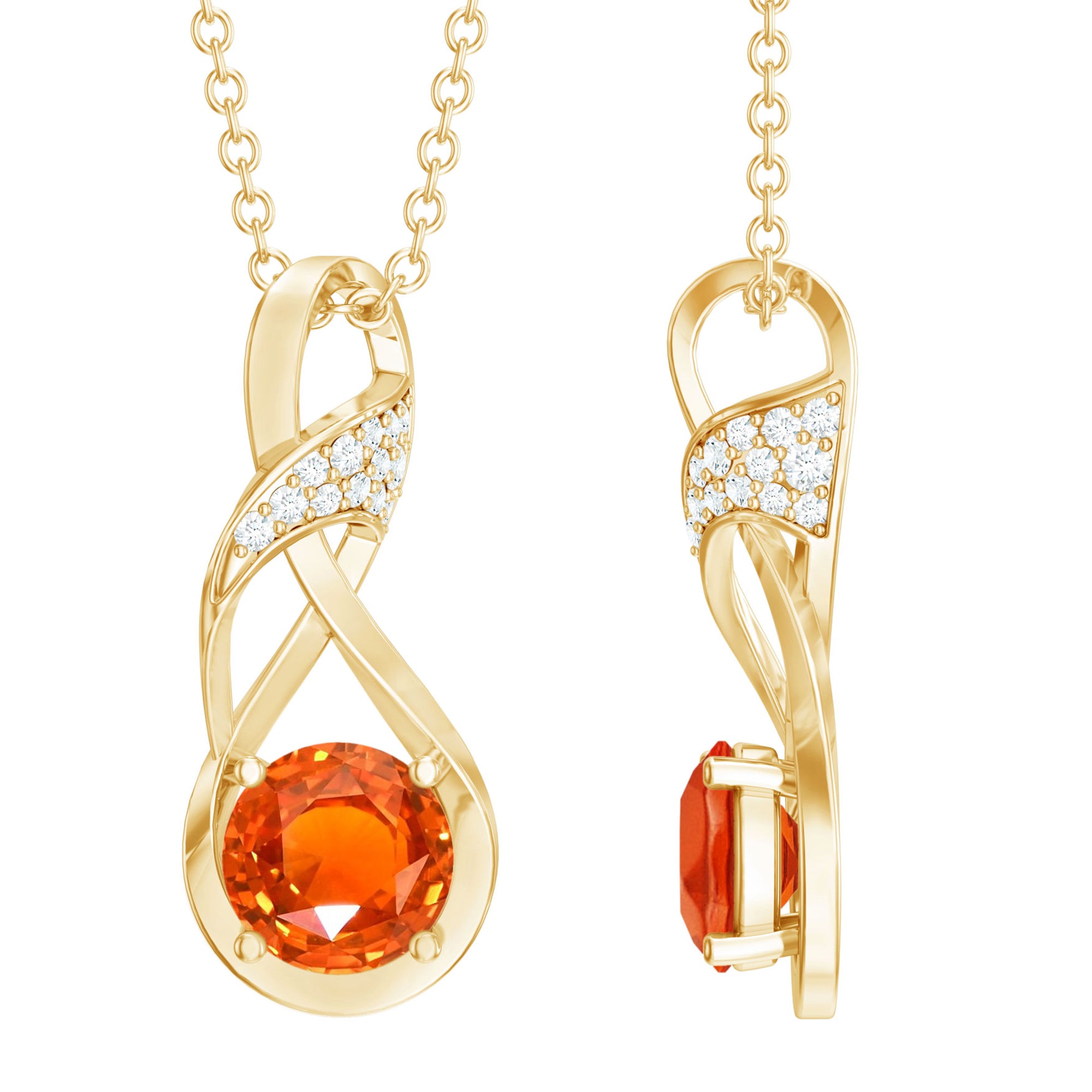 1 Carat Lab Grown Orange Sapphire Infinity Pendant Necklace with Diamond AAAA 14K Yellow Gold Plated Silver - Rosec Jewels