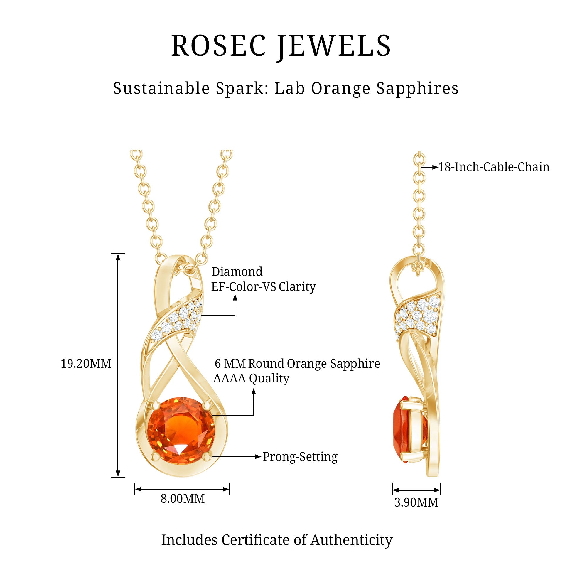 1 Carat Lab Grown Orange Sapphire Infinity Pendant Necklace with Diamond AAAA 14K Yellow Gold Plated Silver - Rosec Jewels