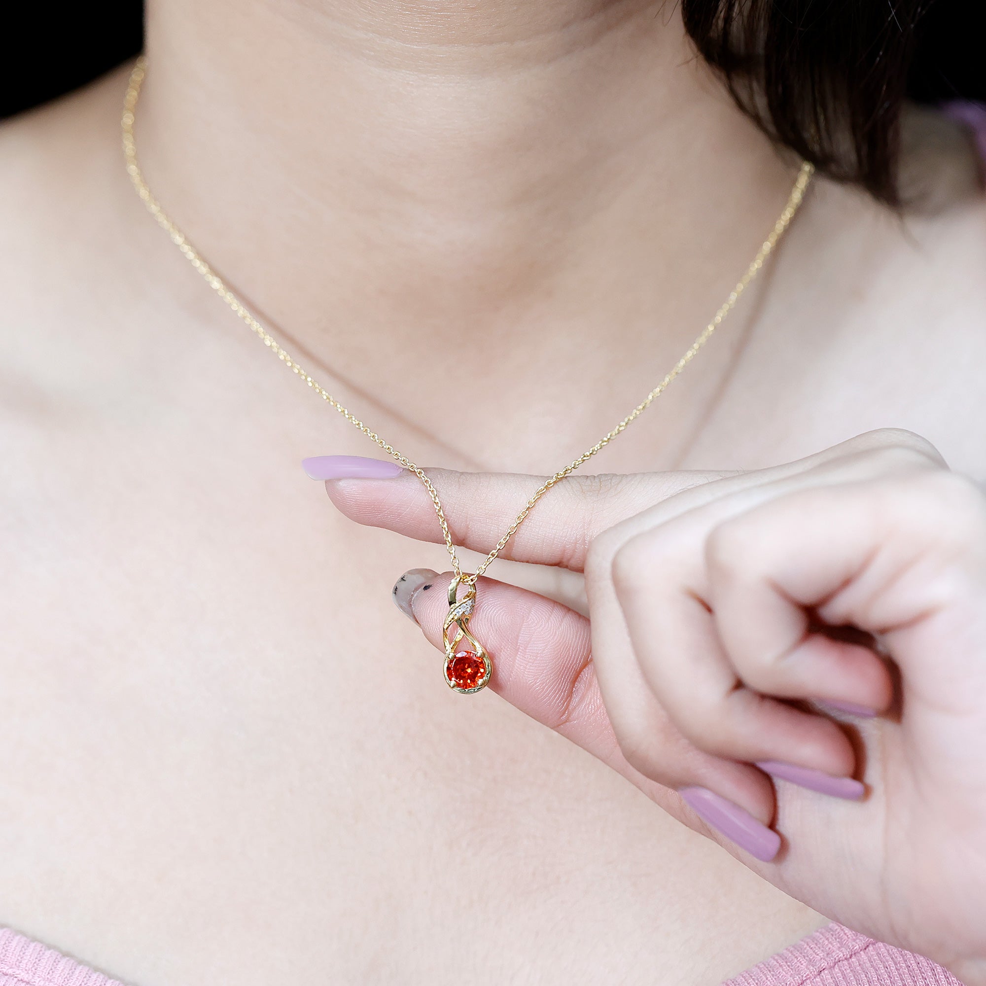 1 Carat Lab Grown Orange Sapphire Infinity Pendant Necklace with Diamond AAAA 14K Yellow Gold Plated Silver - Rosec Jewels