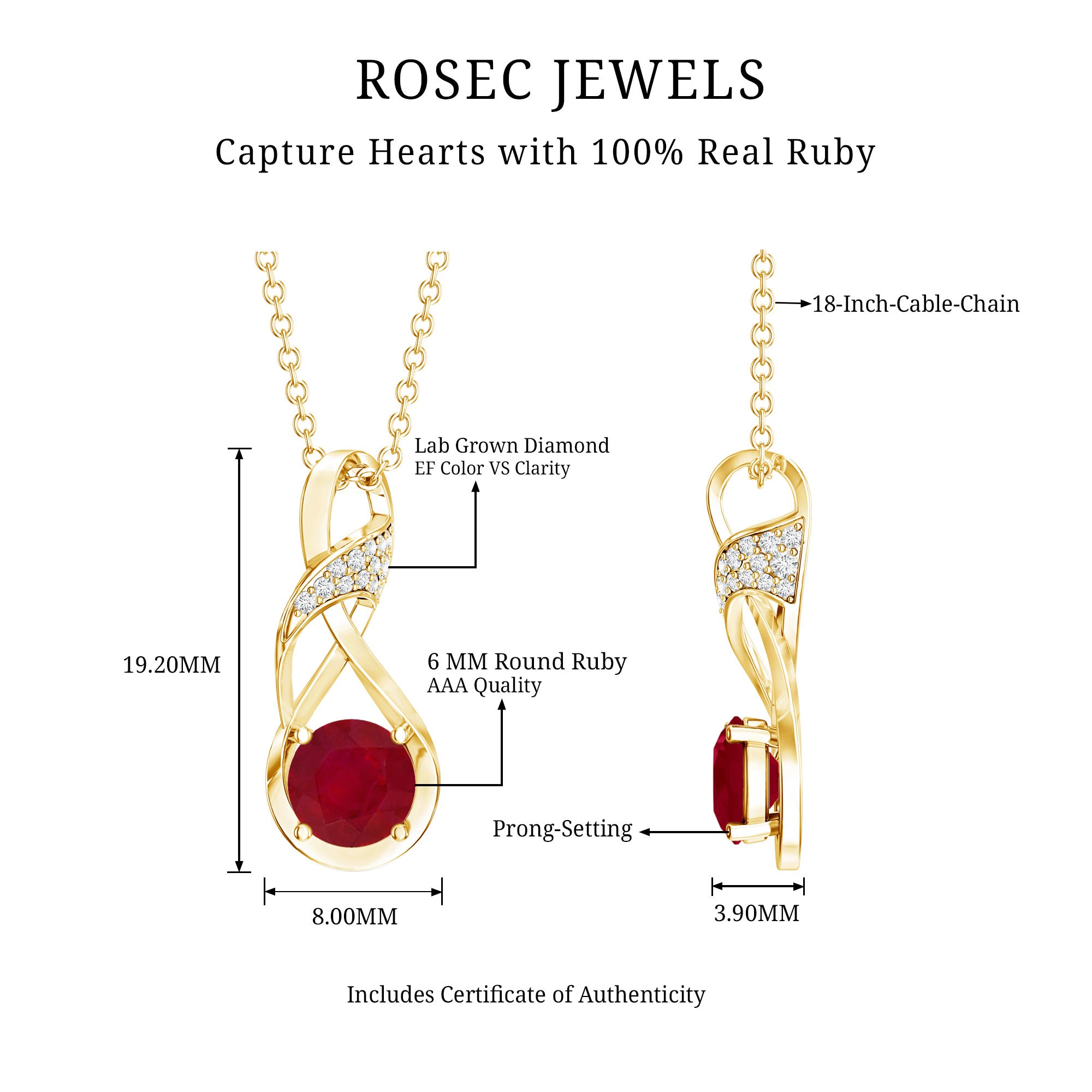 Natural 1.5 Carat Ruby and Diamond Infinity Necklace with Silver Chain AAA 14K Yellow Gold Plated Silver - Rosec Jewels