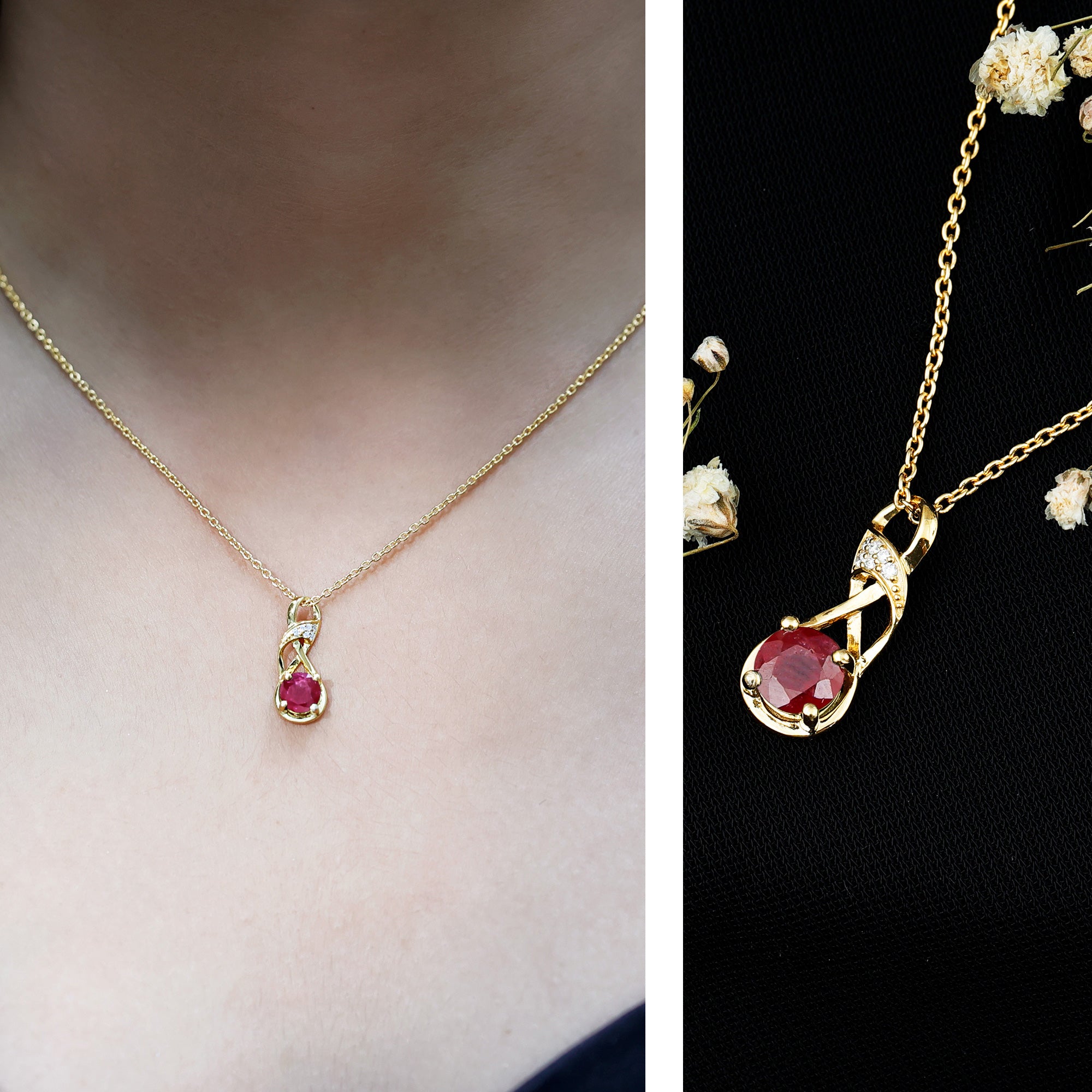 Natural 1.5 Carat Ruby and Diamond Infinity Necklace with Silver Chain AAA 14K Yellow Gold Plated Silver - Rosec Jewels